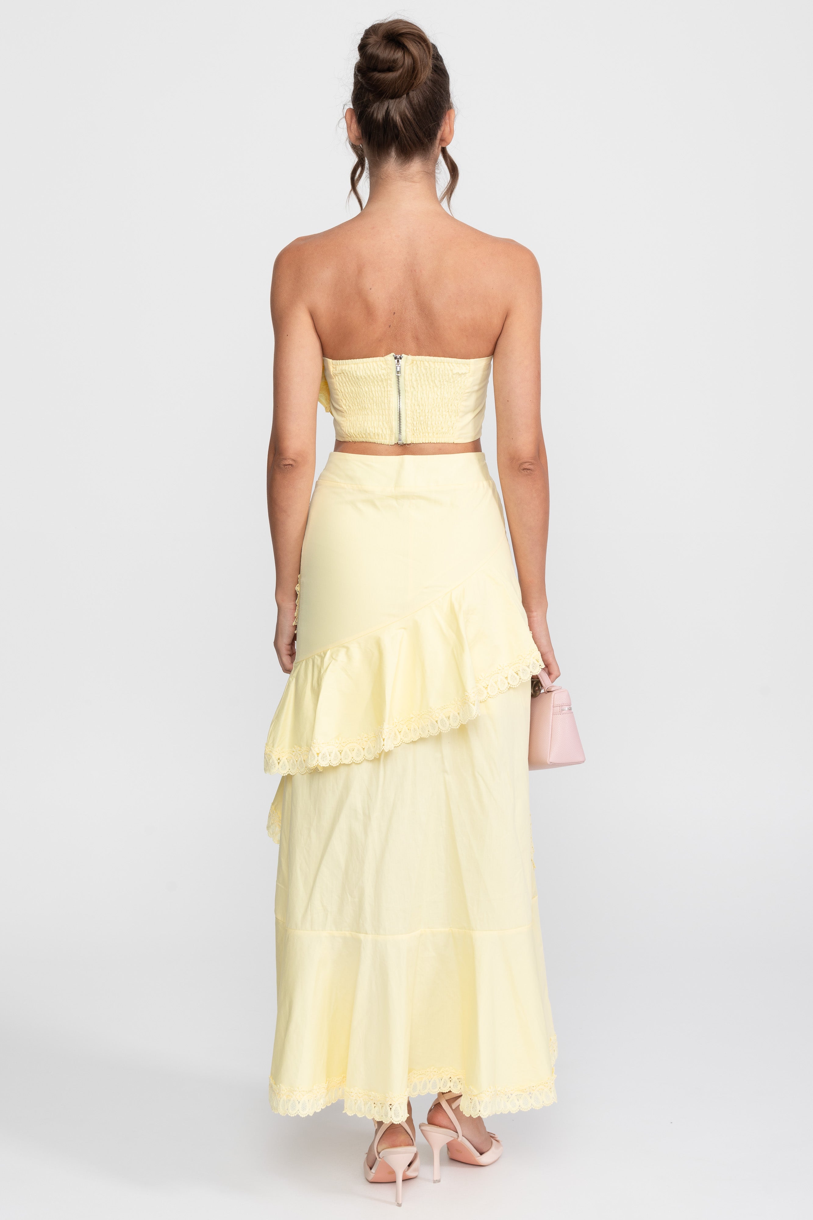 Crochet Medallion Two-Piece Set With Ruffled Maxi Skirt - Yellow
