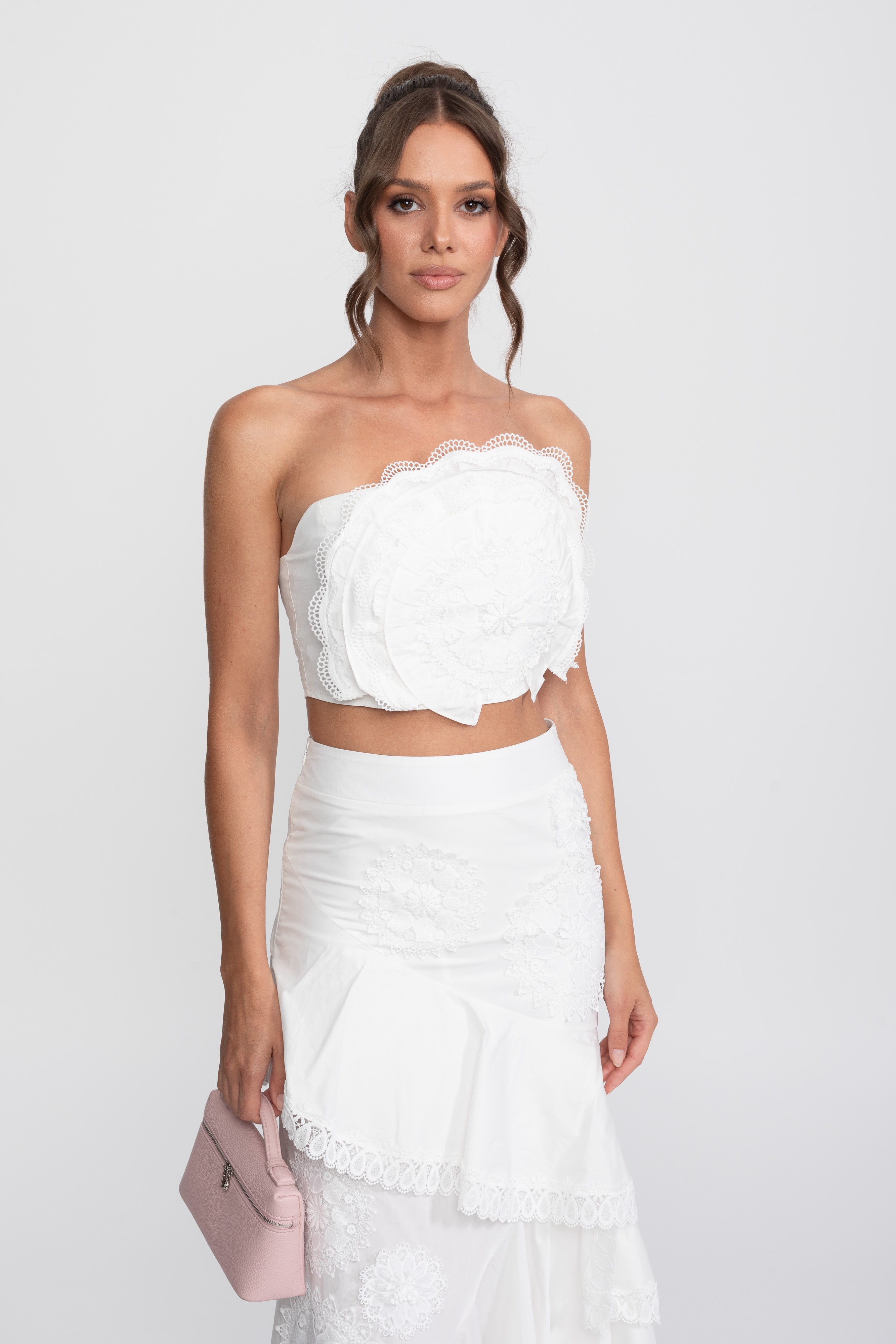 Crochet Medallion Two-Piece Set With Ruffled Maxi Skirt - White