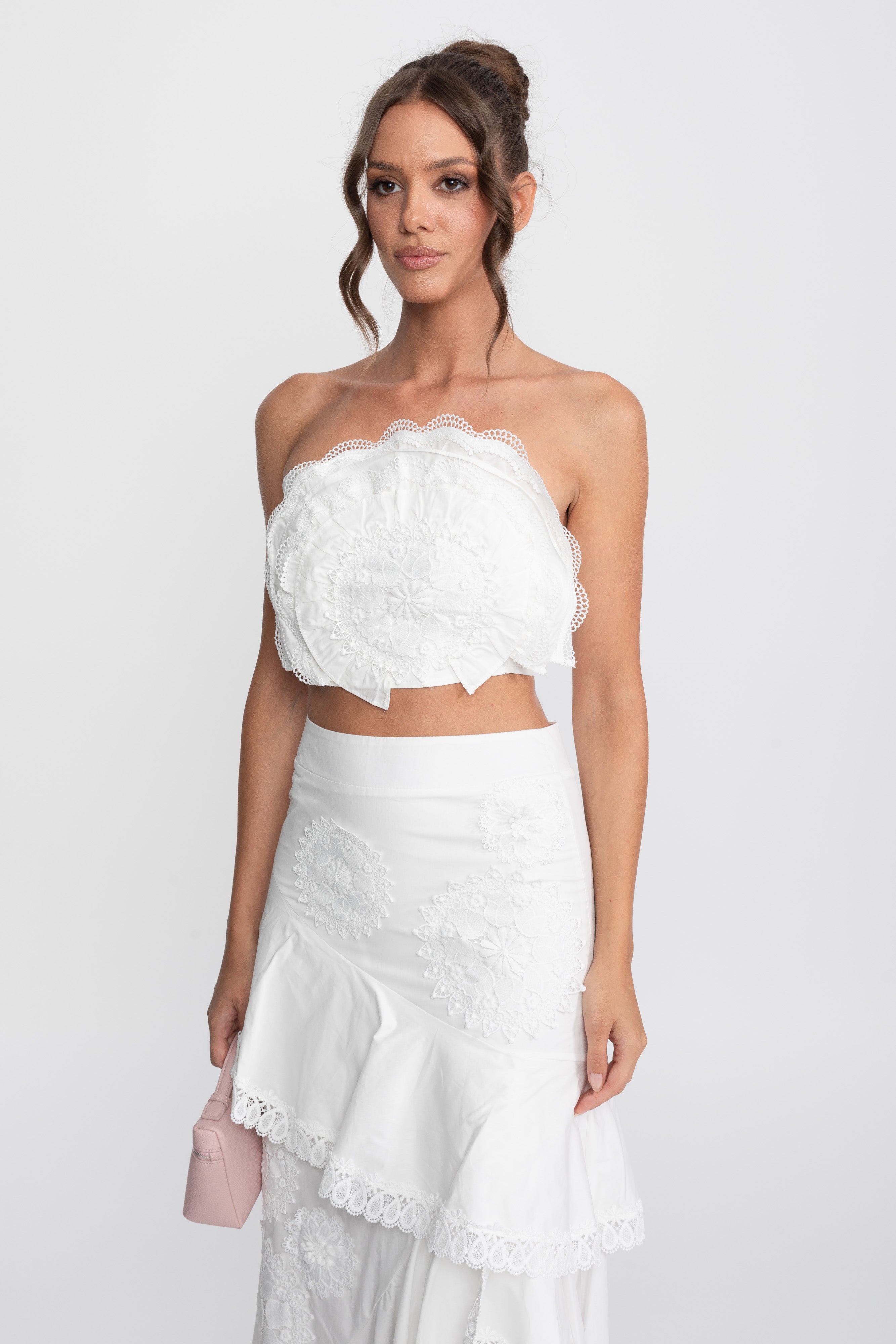 Crochet Medallion Two-Piece Set With Ruffled Maxi Skirt - White