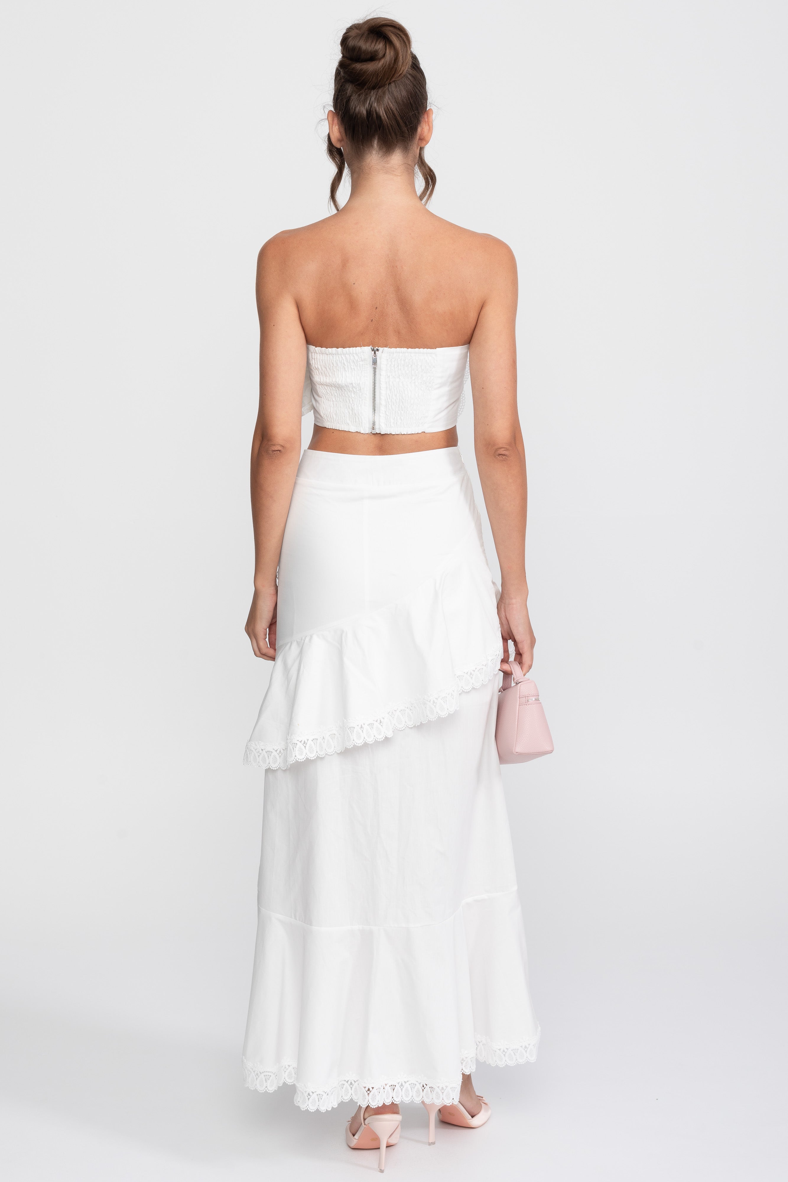 Crochet Medallion Two-Piece Set With Ruffled Maxi Skirt - White