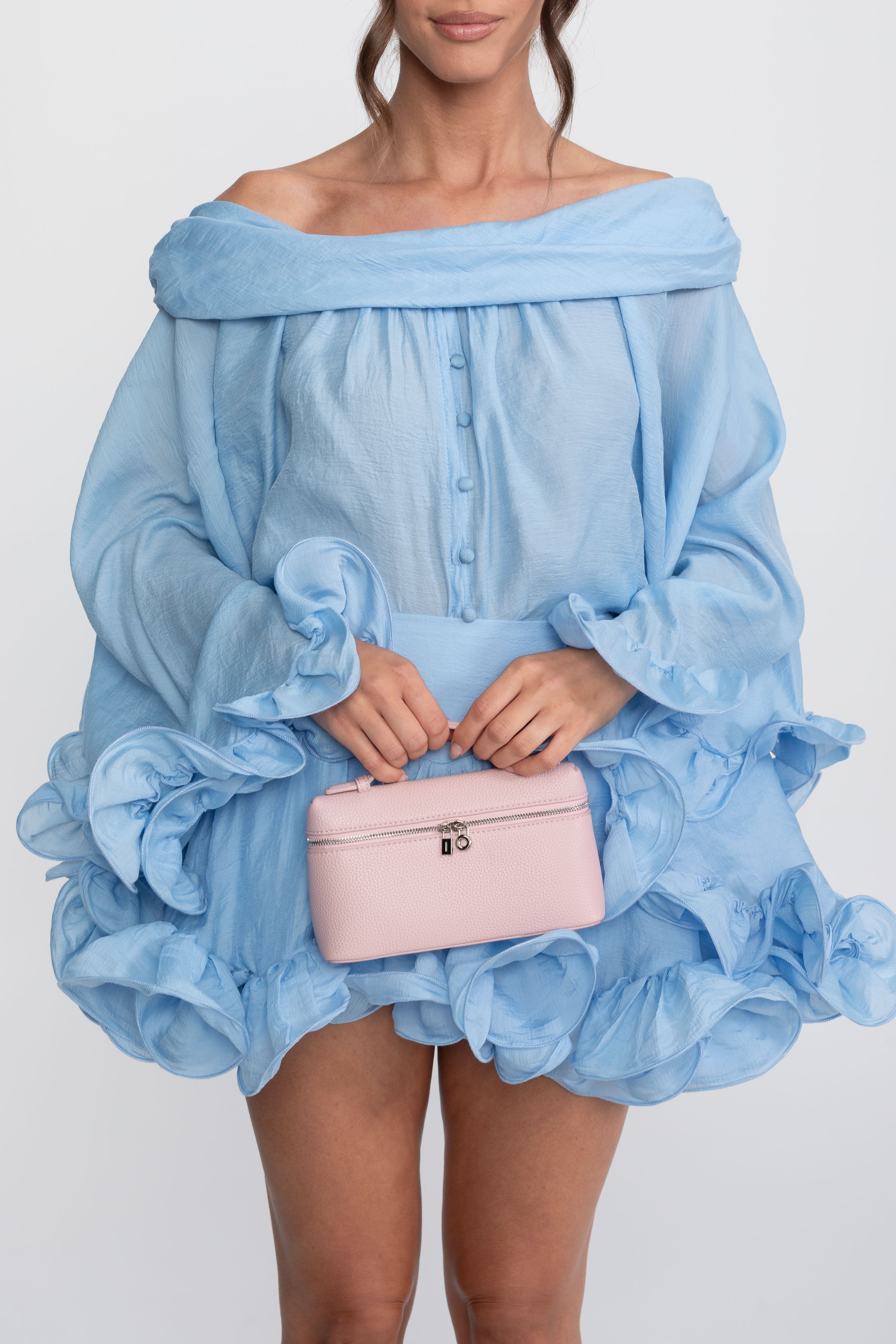 Off-Shoulder Ruffle Hem Mini Dress With Long Sleeves - Light Blue