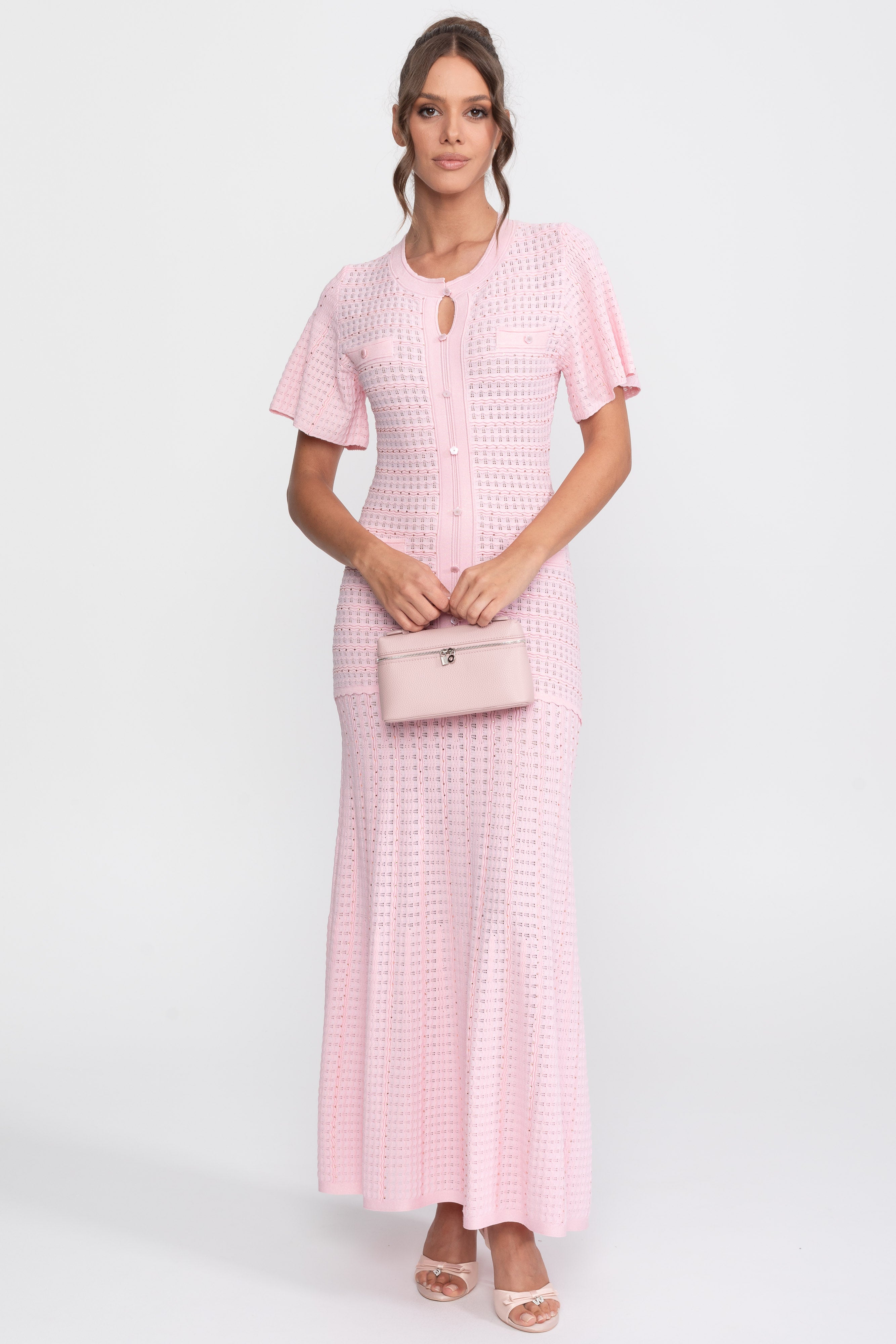 Abito midi a maniche corte con texture in maglia shimmer - Rosa 