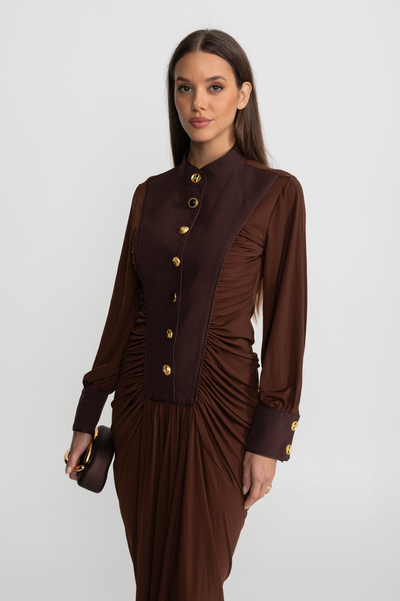 Draped Maxi Dress with Gold Statement Buttons - Brown