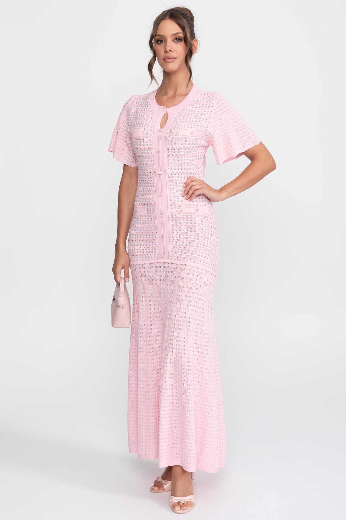 Abito midi a maniche corte con texture in maglia shimmer - Rosa 