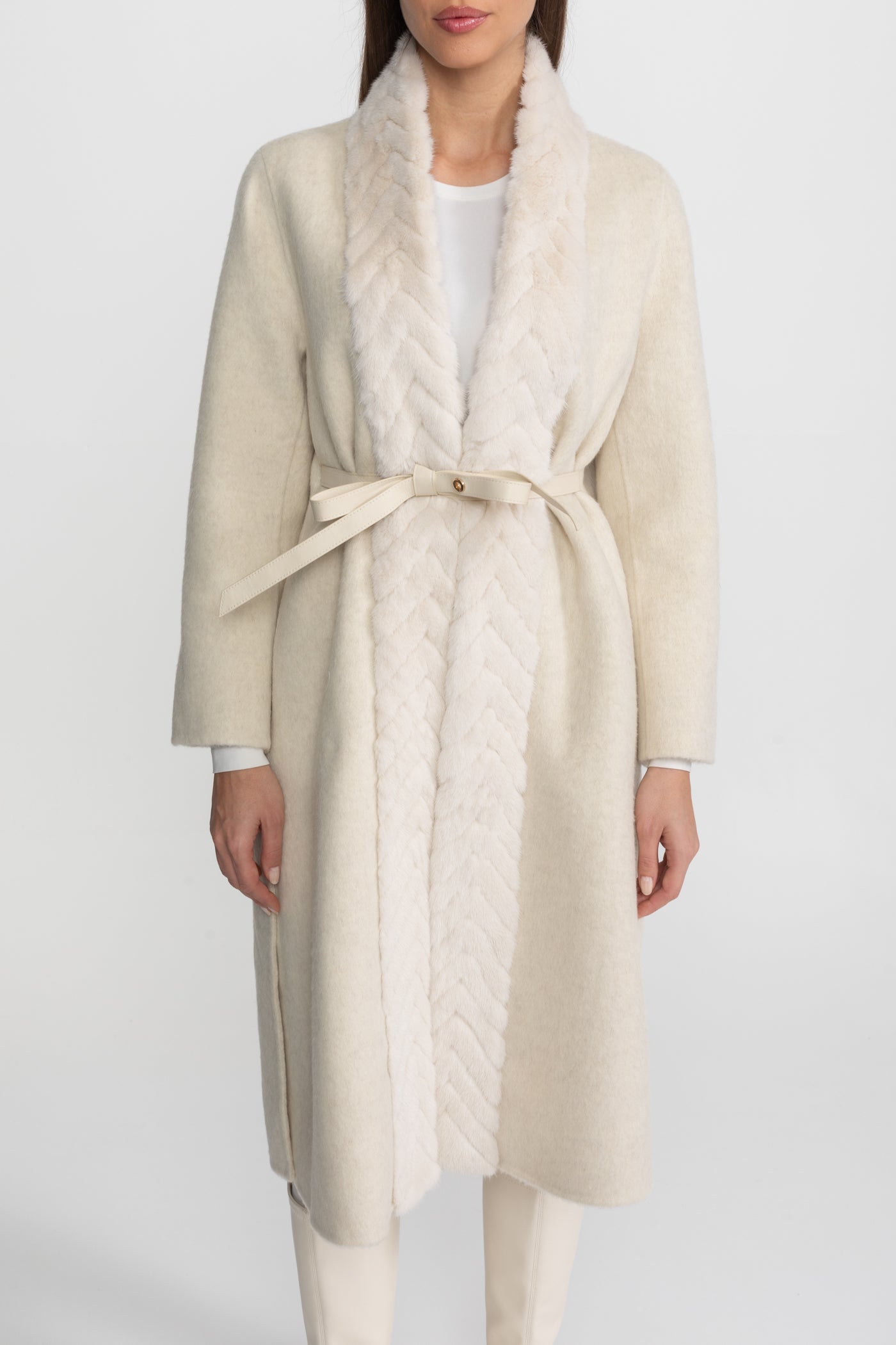 Wool Blend Belted Coat with Textured Sable Fur Panel – Ivoire