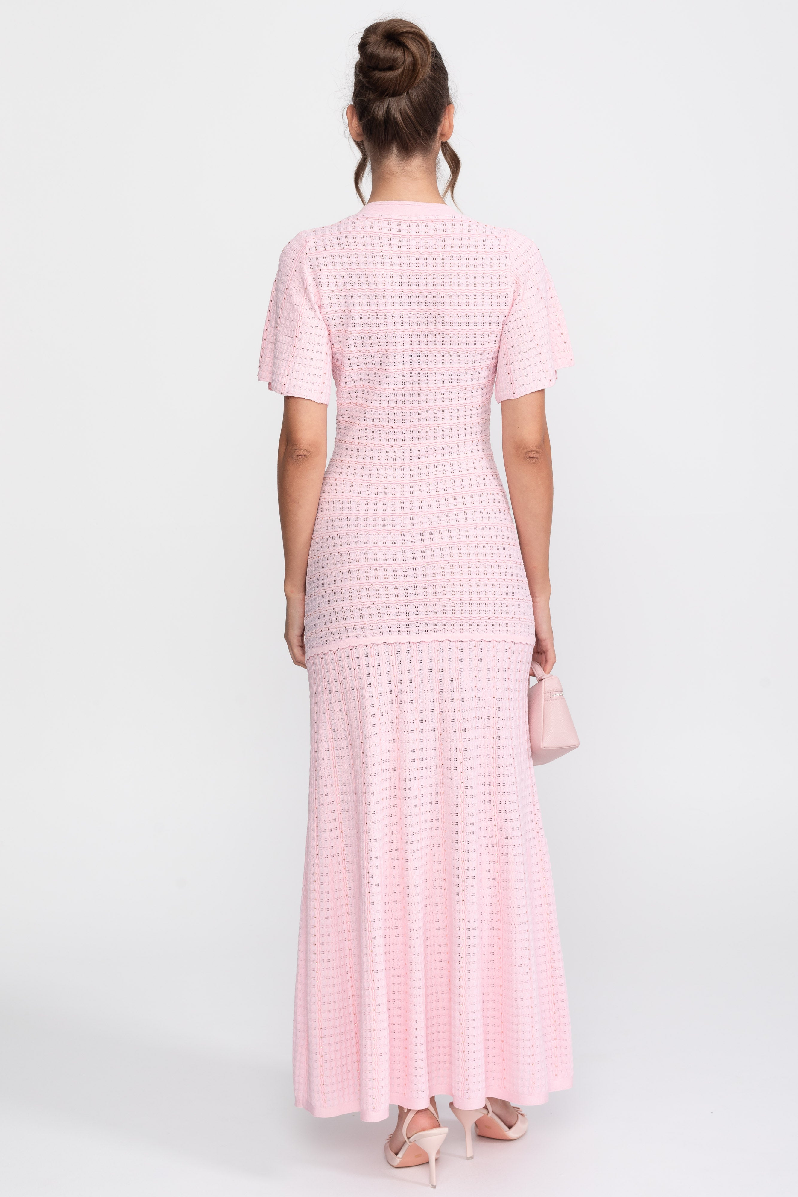 Abito midi a maniche corte con texture in maglia shimmer - Rosa 