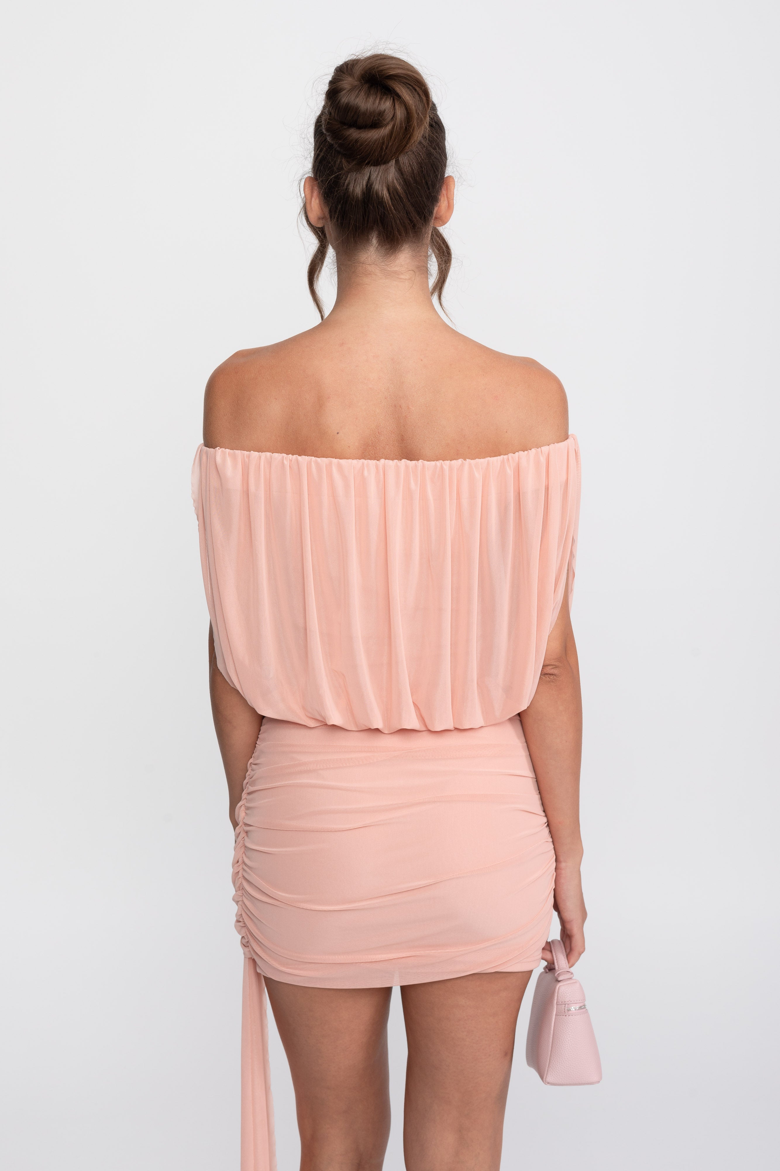 Off-Shoulder Ruched Wrap Mini Dress With Tie Waist - Peach