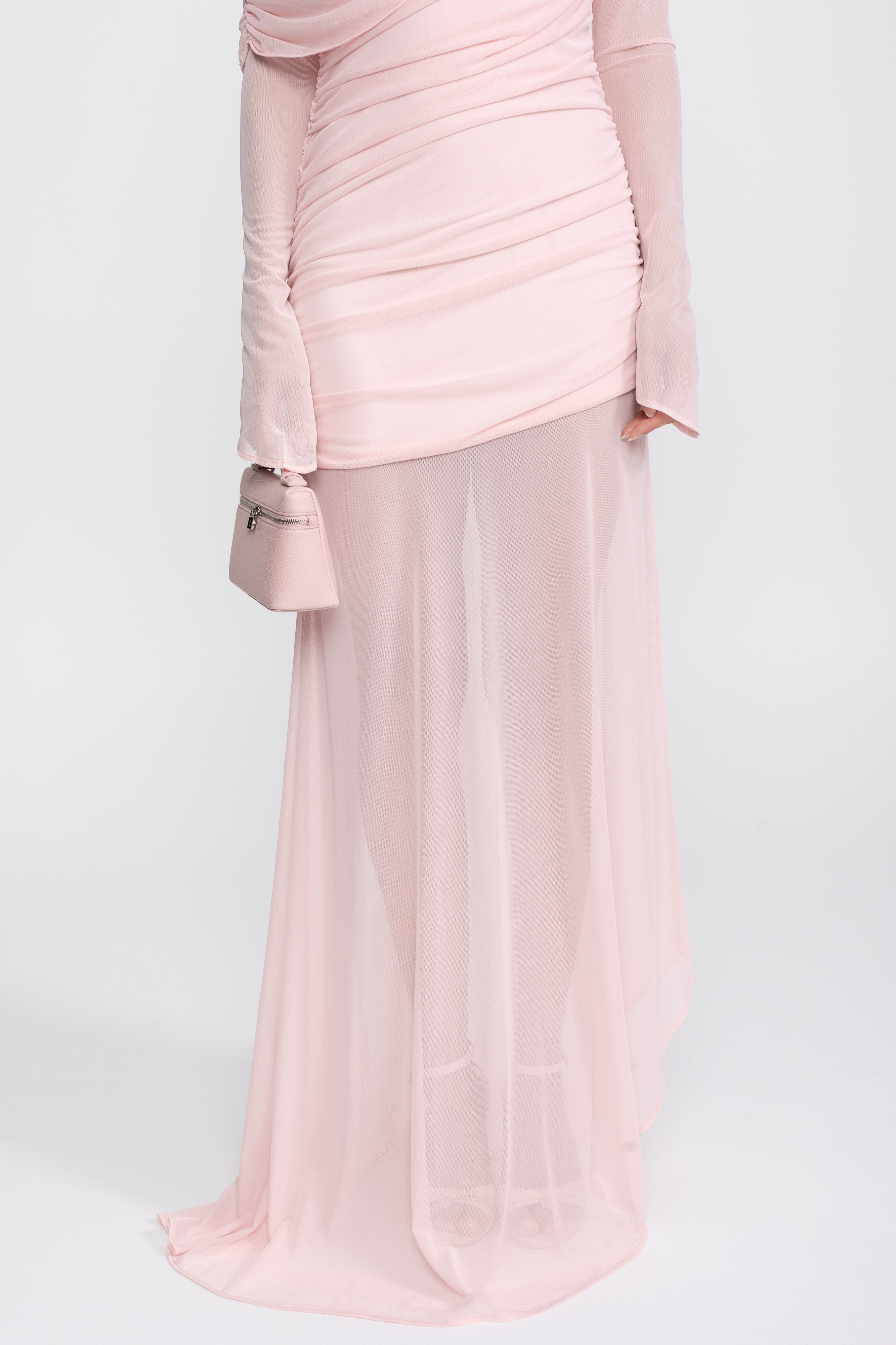 Draped Shoulder Maxi Dress With Sheer Skirt - Pink