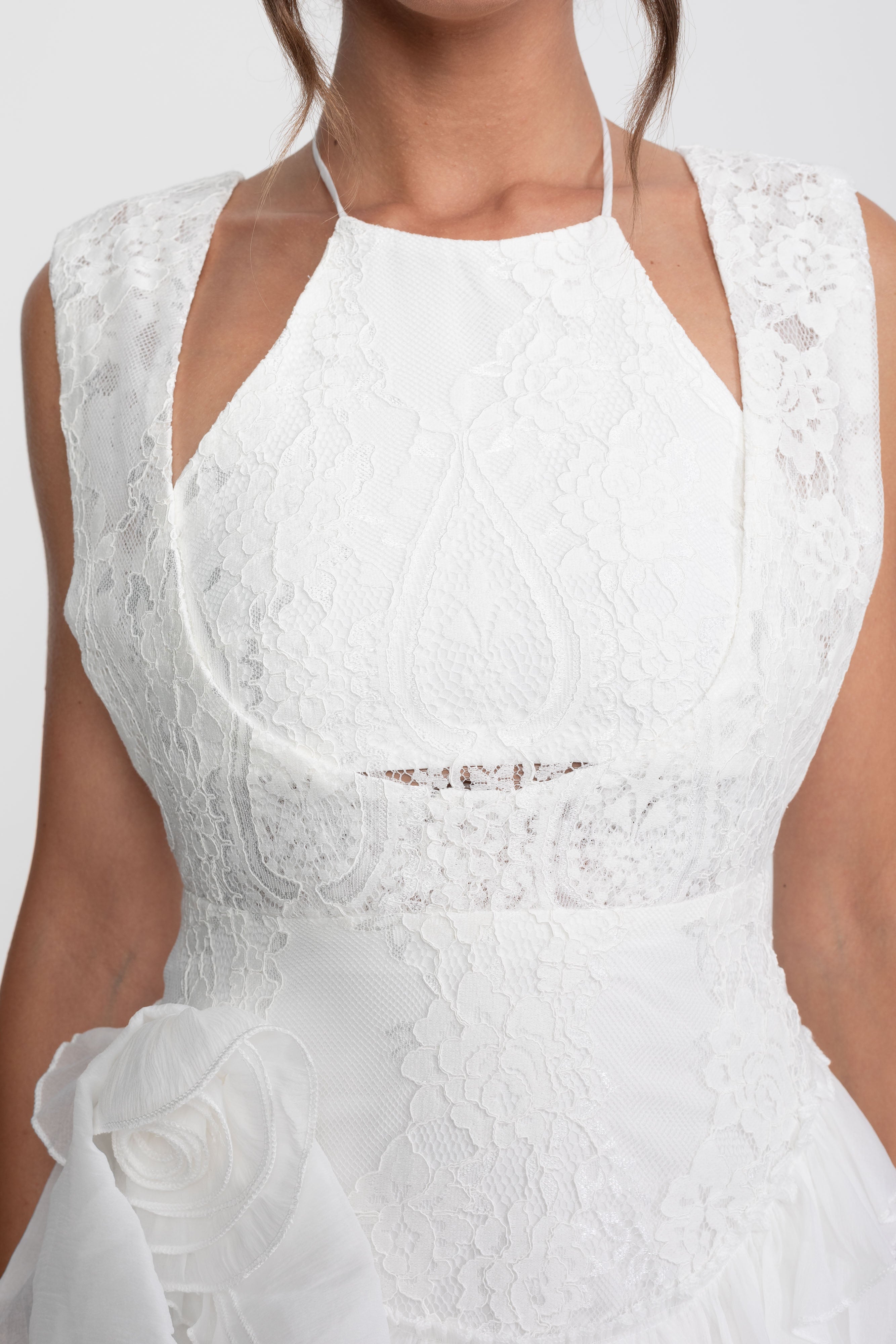 Lace Halter Rosette Mini Dress With Ruffle Skirt - White