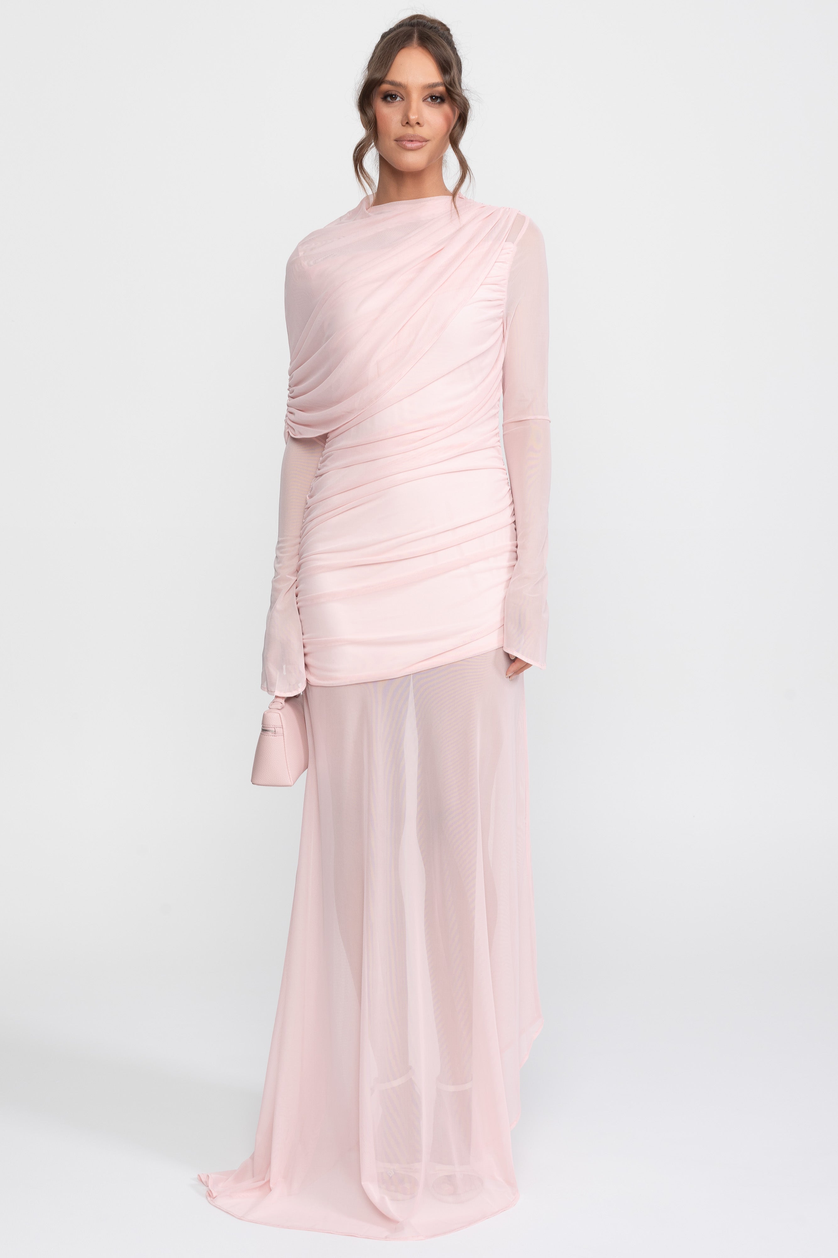 Draped Shoulder Maxi Dress With Sheer Skirt - Pink