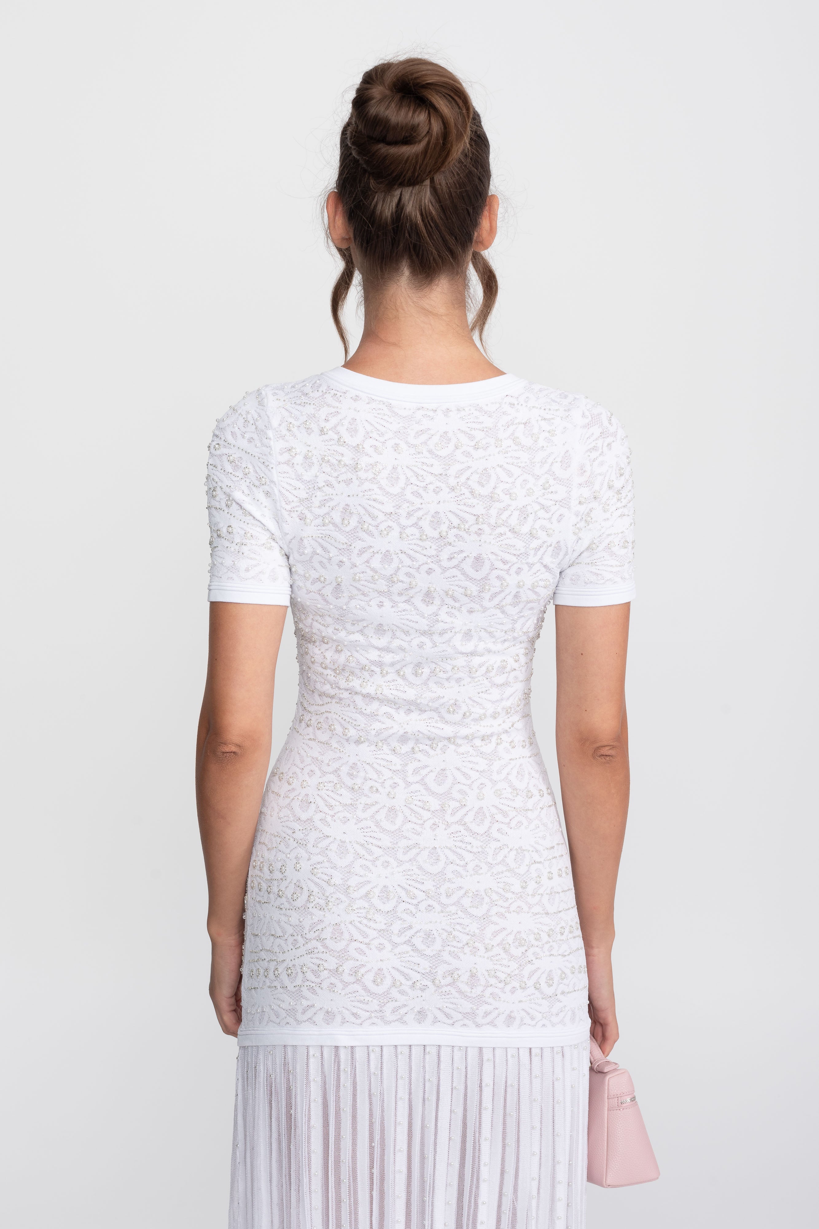 Abito Midi a Maniche Corte con Decorazioni di Perle - Bianco 