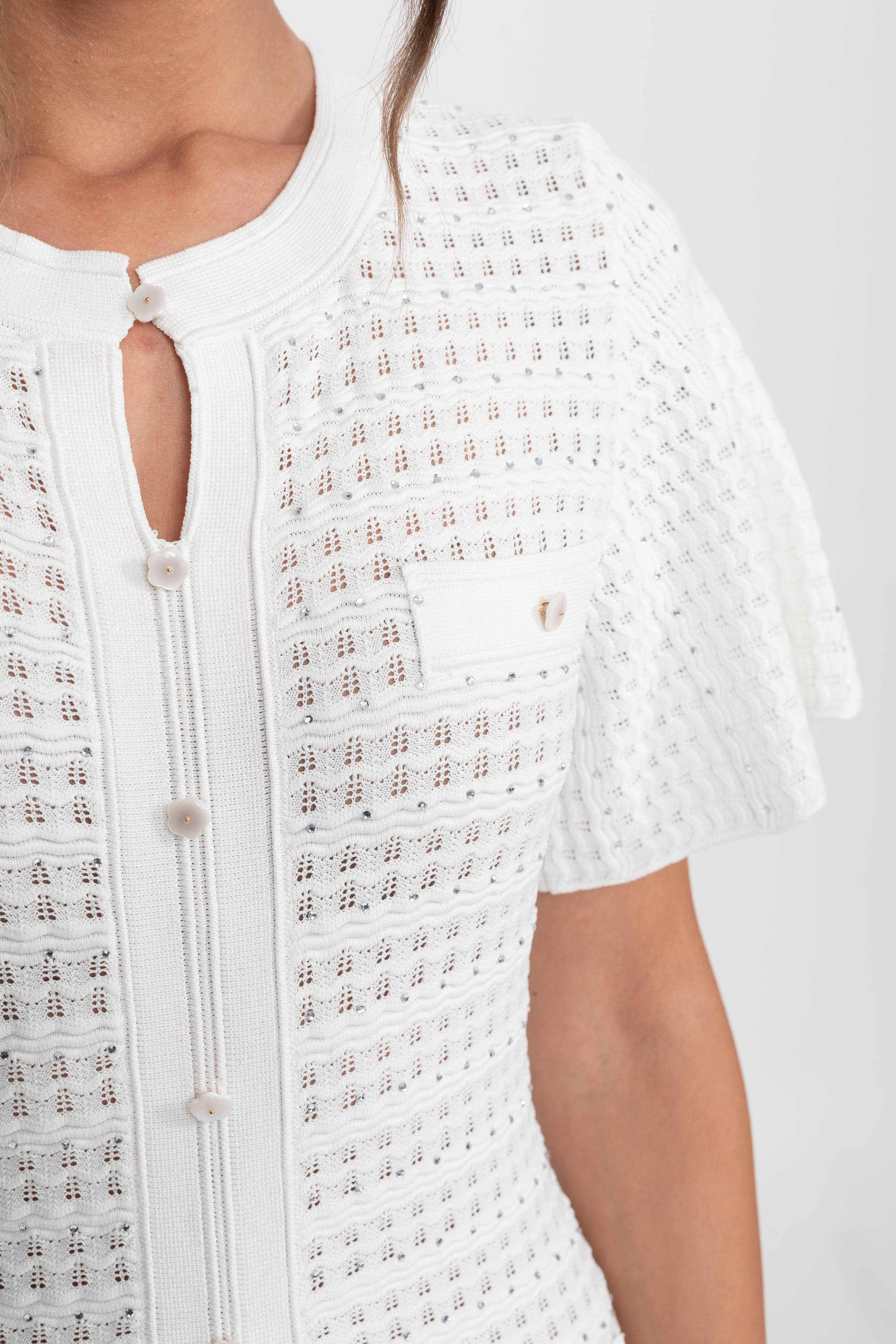 Abito midi a maniche corte con texture in maglia shimmer - bianco 