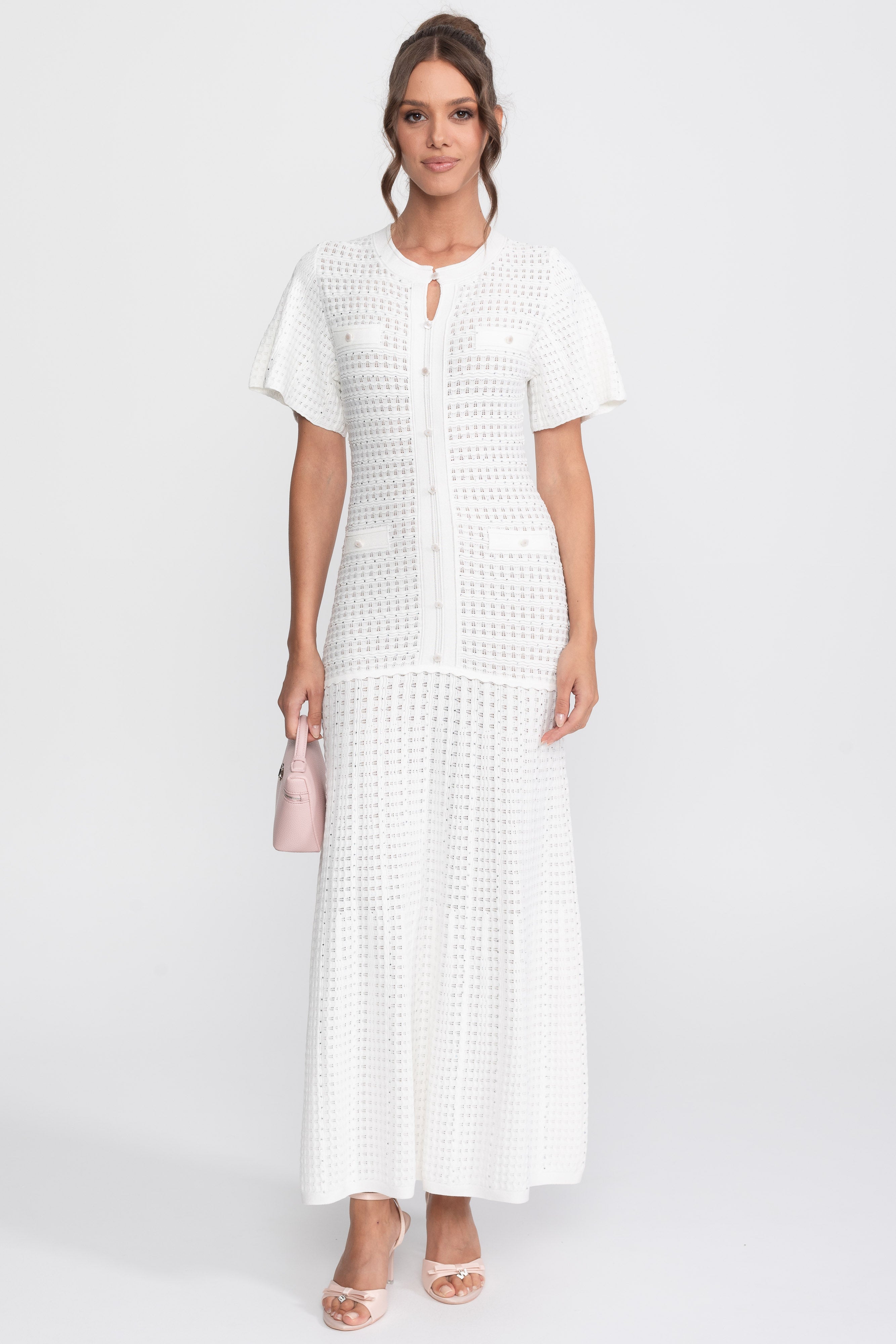 Abito midi a maniche corte con texture in maglia shimmer - bianco 