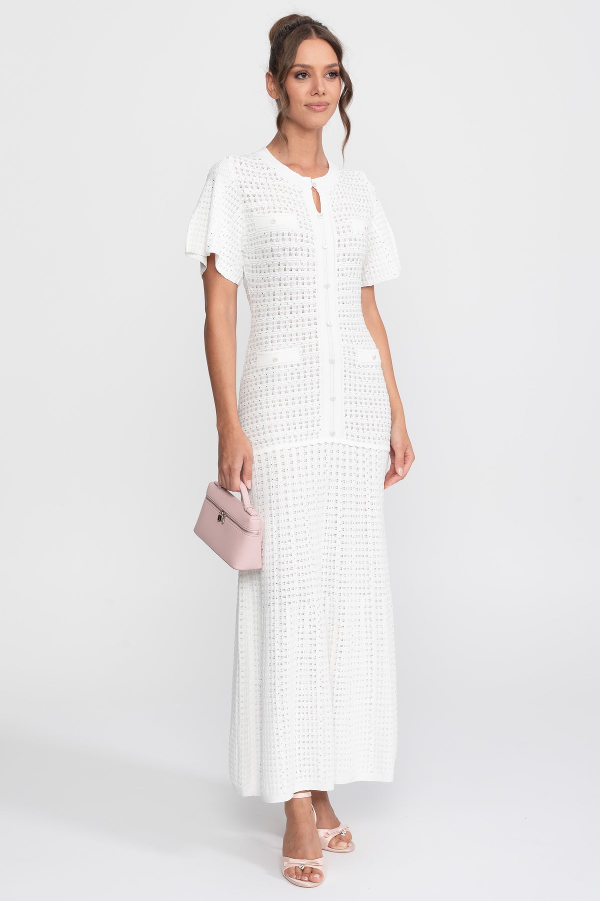 Abito midi a maniche corte con texture in maglia shimmer - bianco 