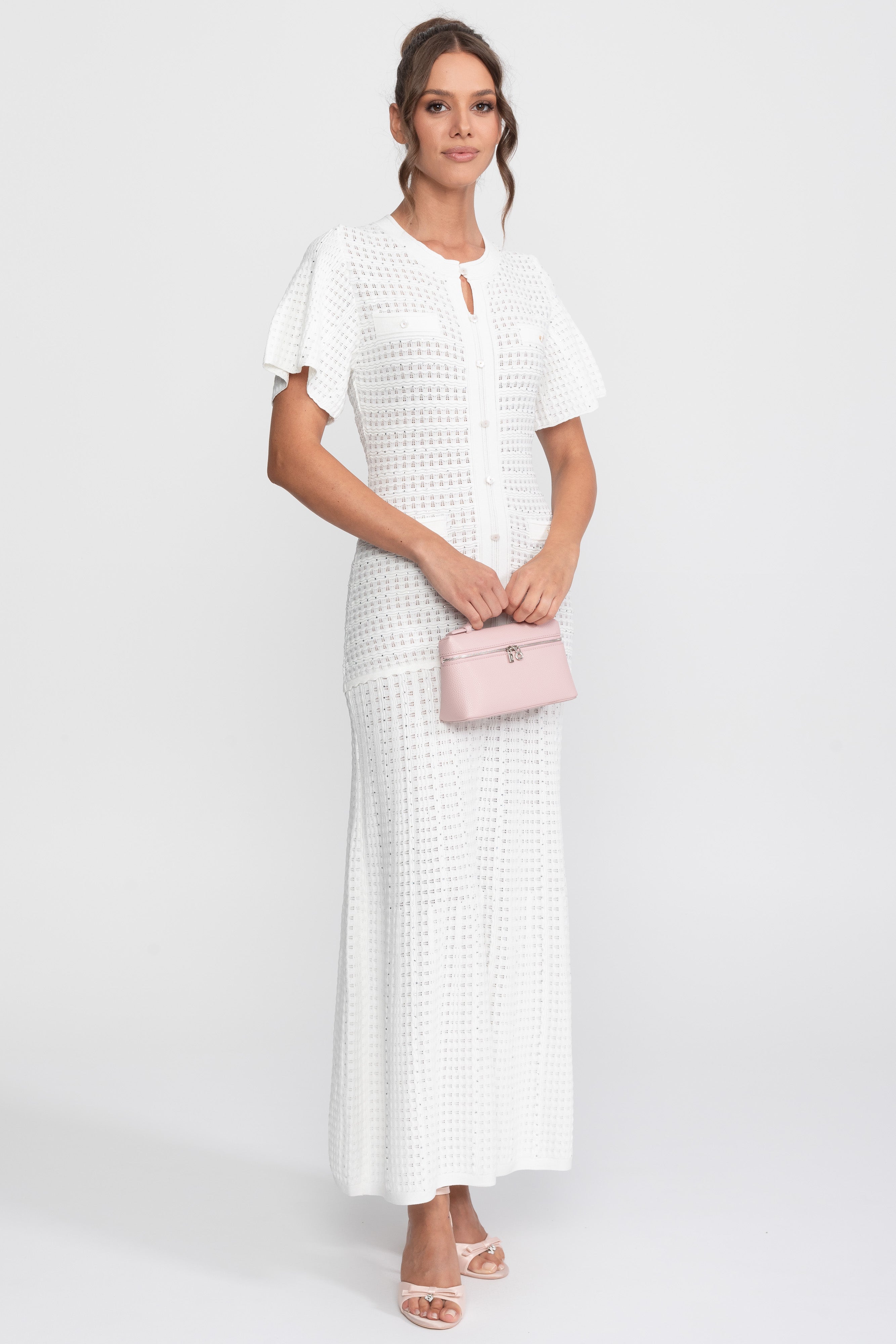 Abito midi a maniche corte con texture in maglia shimmer - bianco 