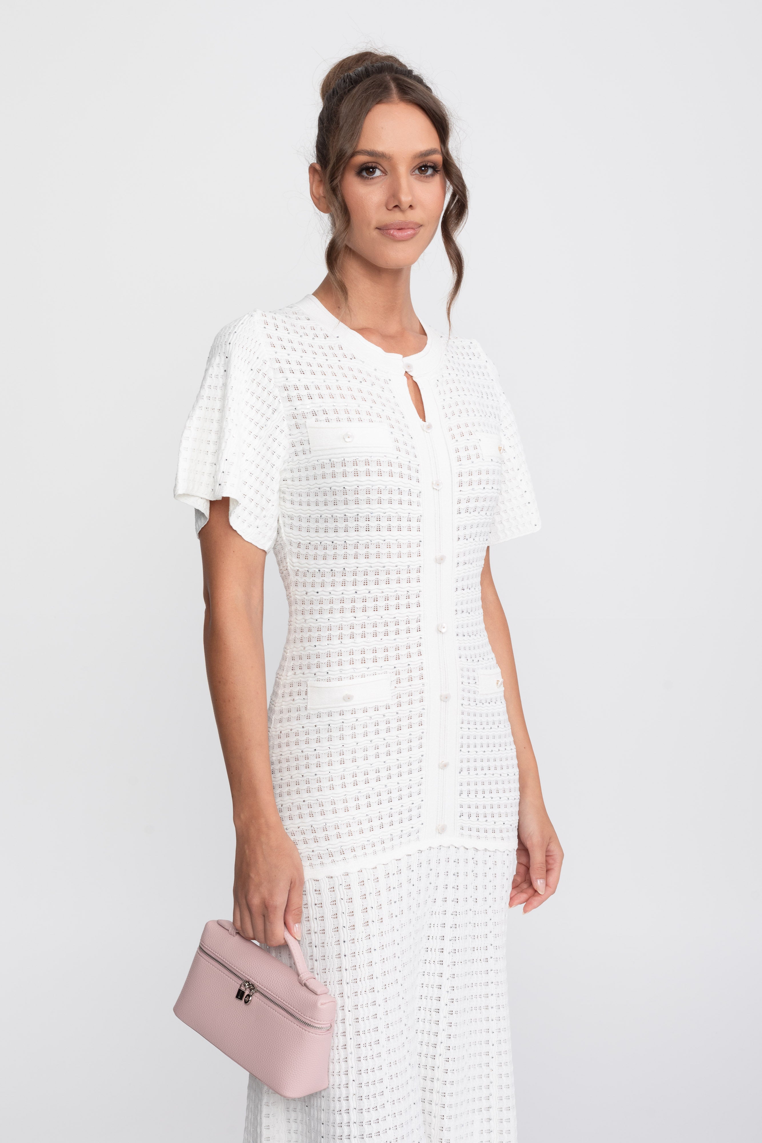 Abito midi a maniche corte con texture in maglia shimmer - bianco 