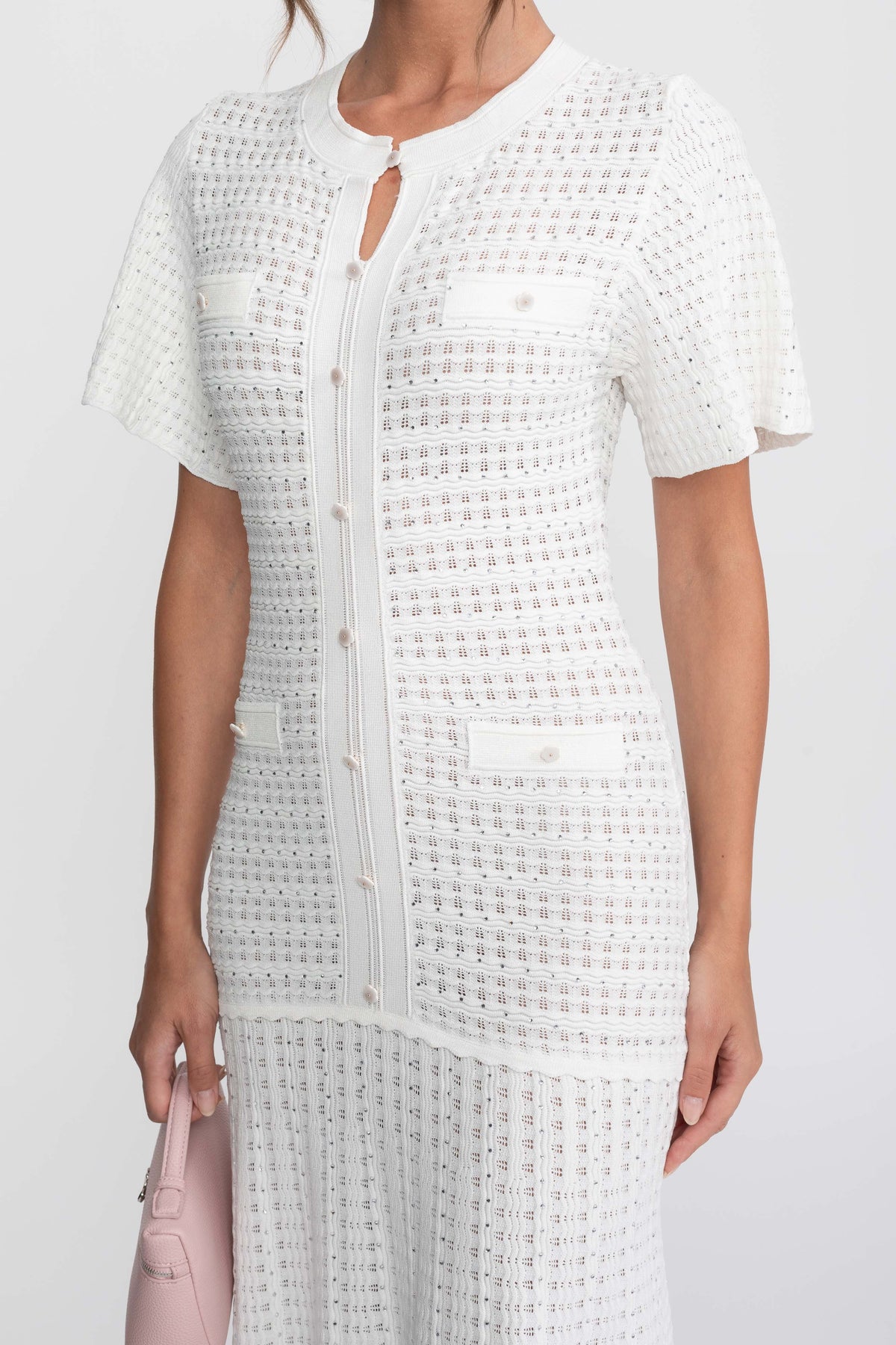 Abito midi a maniche corte con texture in maglia shimmer - bianco 