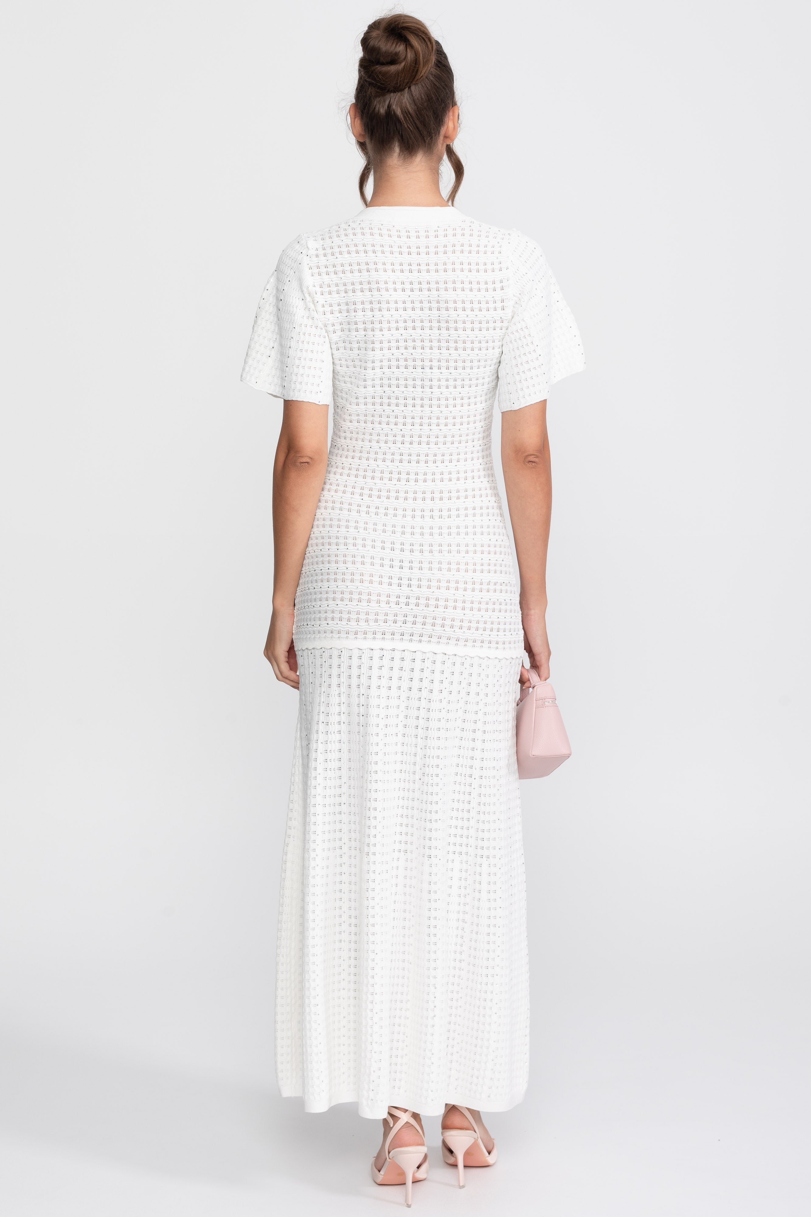 Abito midi a maniche corte con texture in maglia shimmer - bianco 