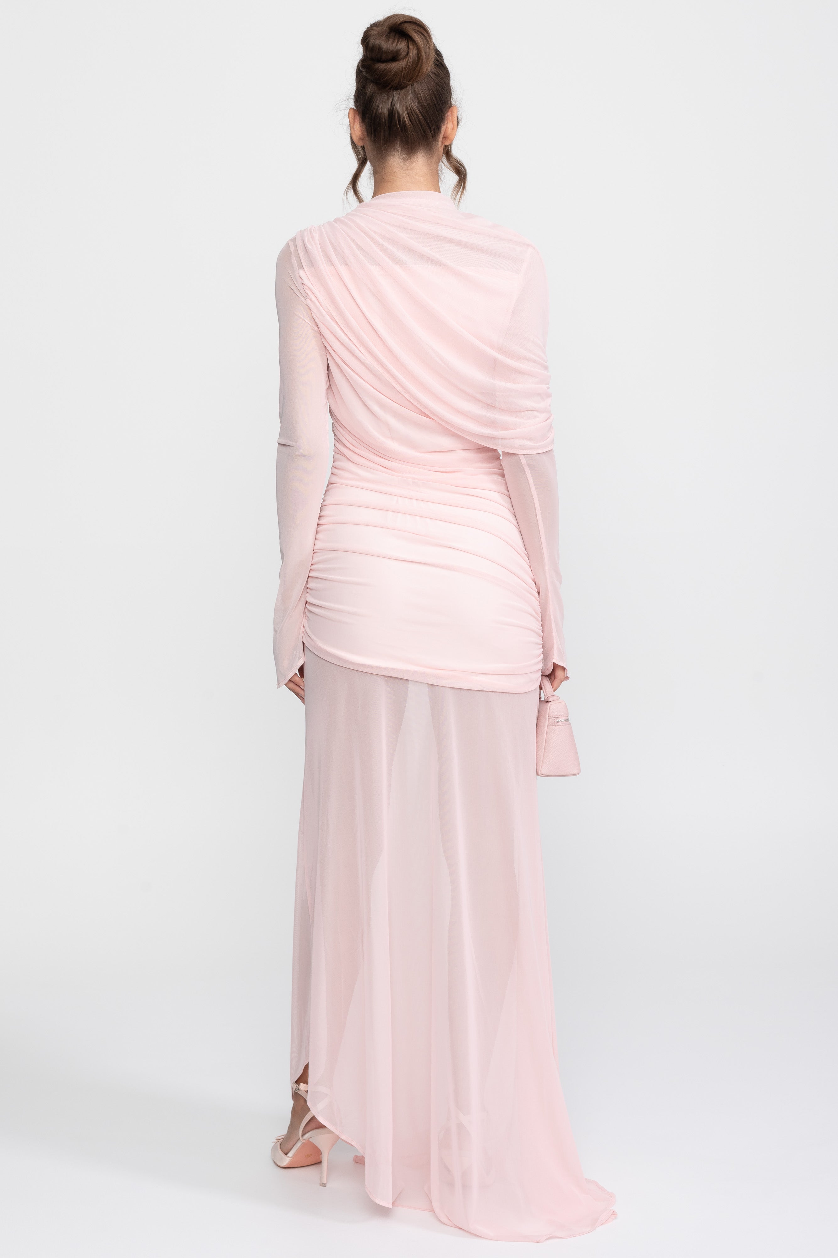 Draped Shoulder Maxi Dress With Sheer Skirt - Pink