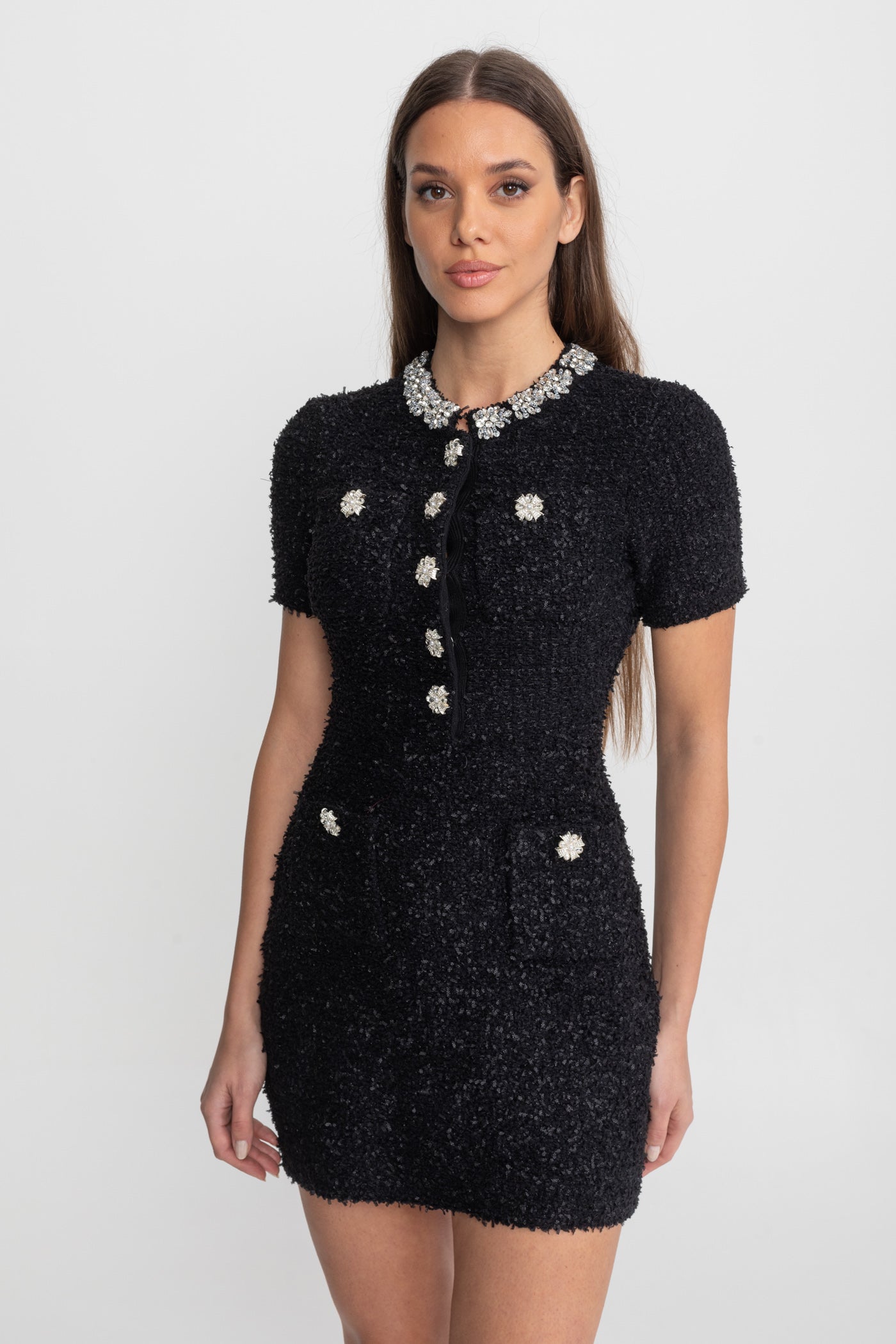 Embellished Tweed Mini Dress with Crystal Button Details – Black