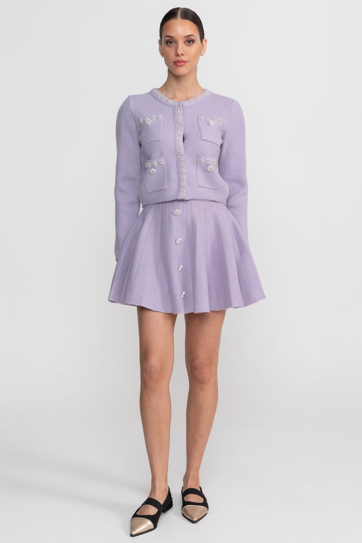 Completo in maglia con cardigan a maniche lunghe e minigonna abbinata - Lilla 