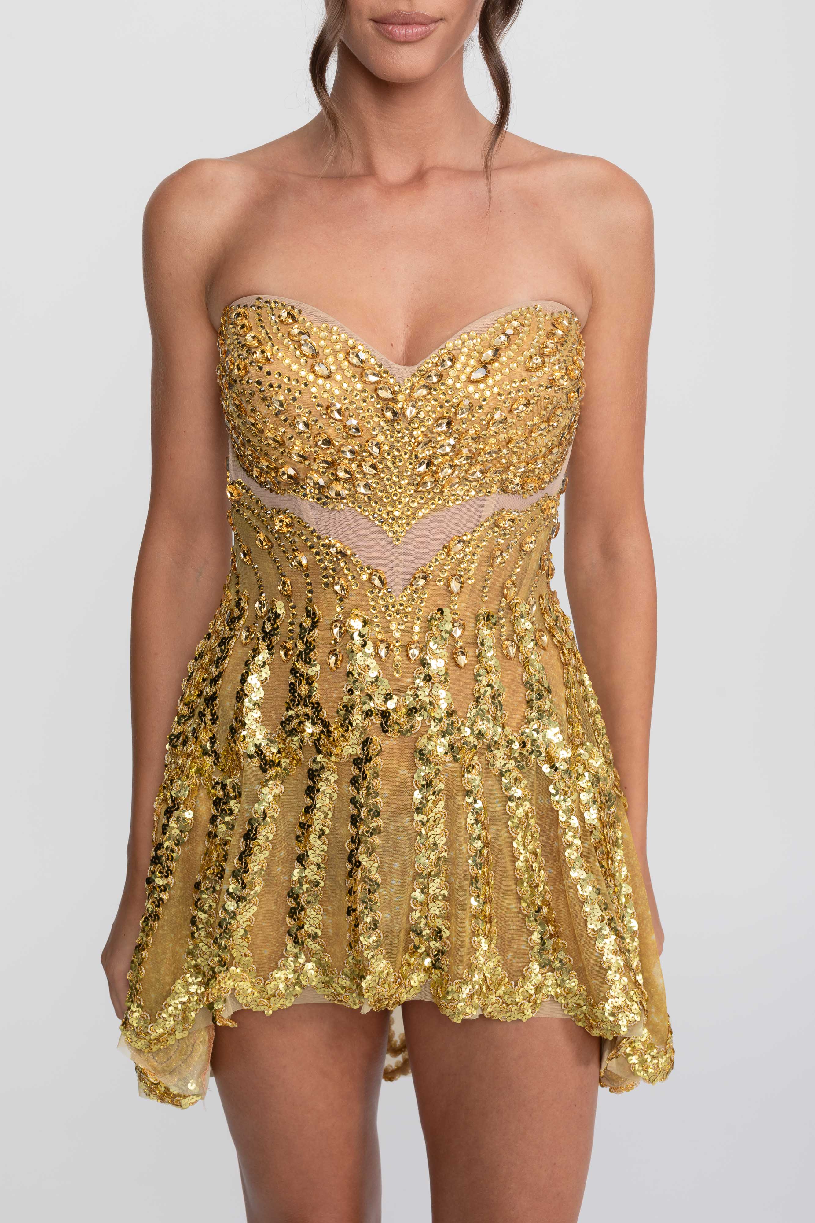 Jeweled Fit-and-Flare Mini Dress With Sweetheart Neckline  - Gold