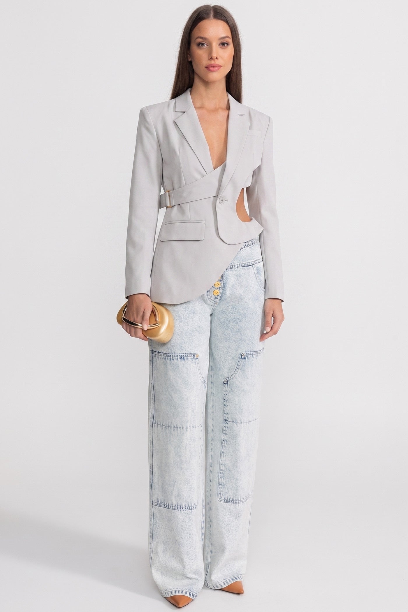 Blazer asimmetrico con cut-out e dettaglio cintura - Grigio chiaro 
