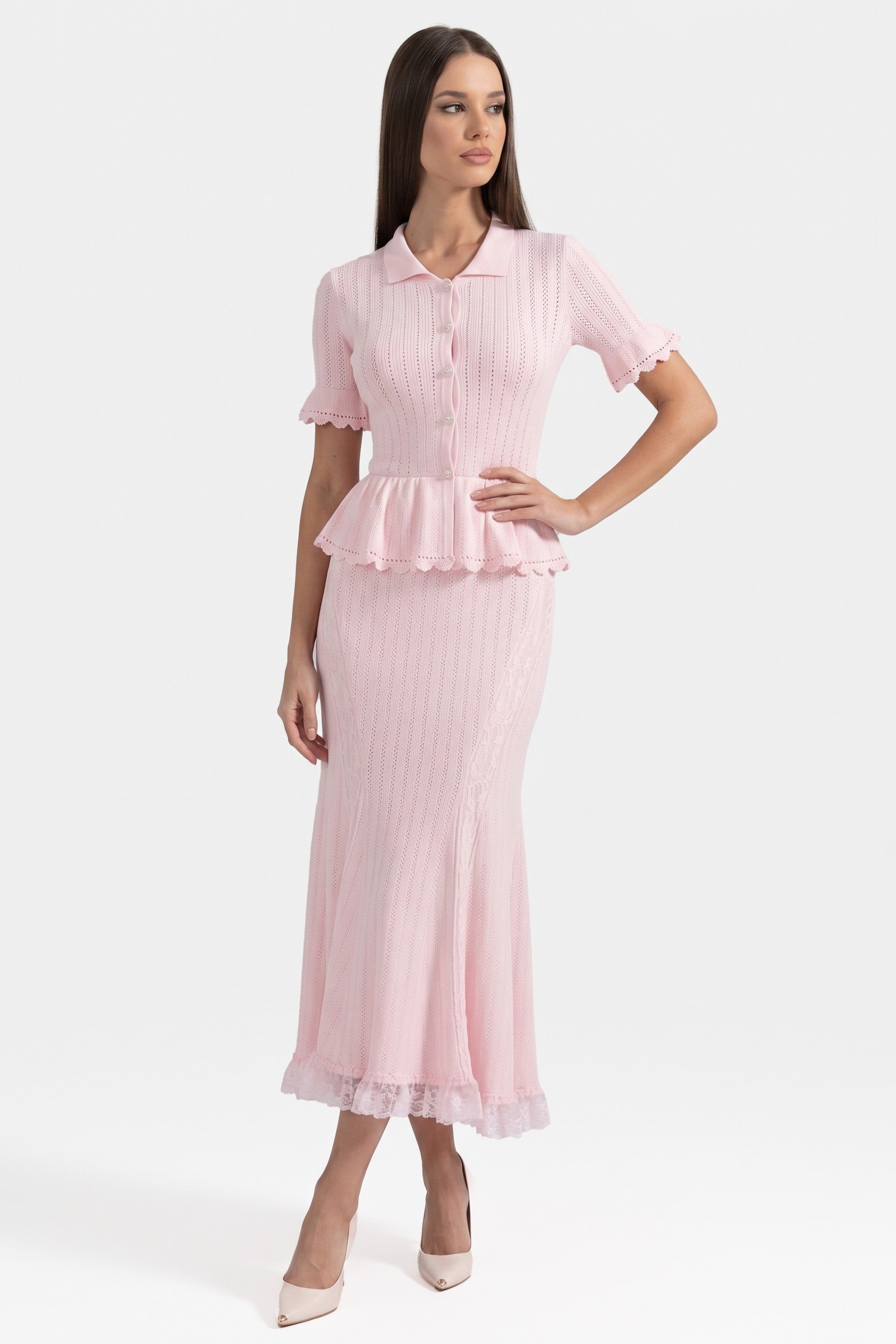 Abito Maxi Knit Peplum con Collo Peter Pan e Orlo in Pizzo - Rosa 