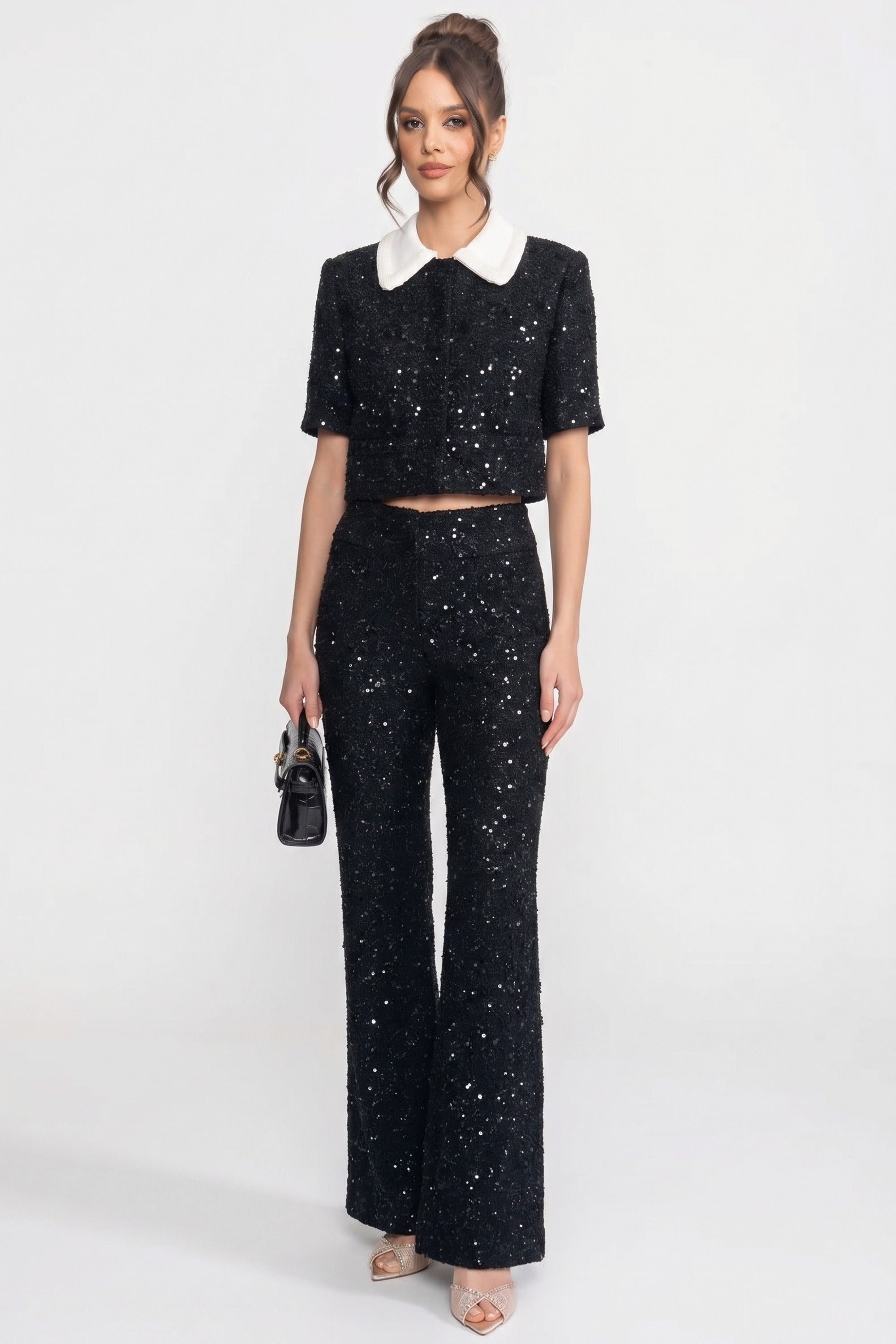 Short-Sleeve Tweed Cropped Jacket With Contrast Collar And Sequin Detail - Black