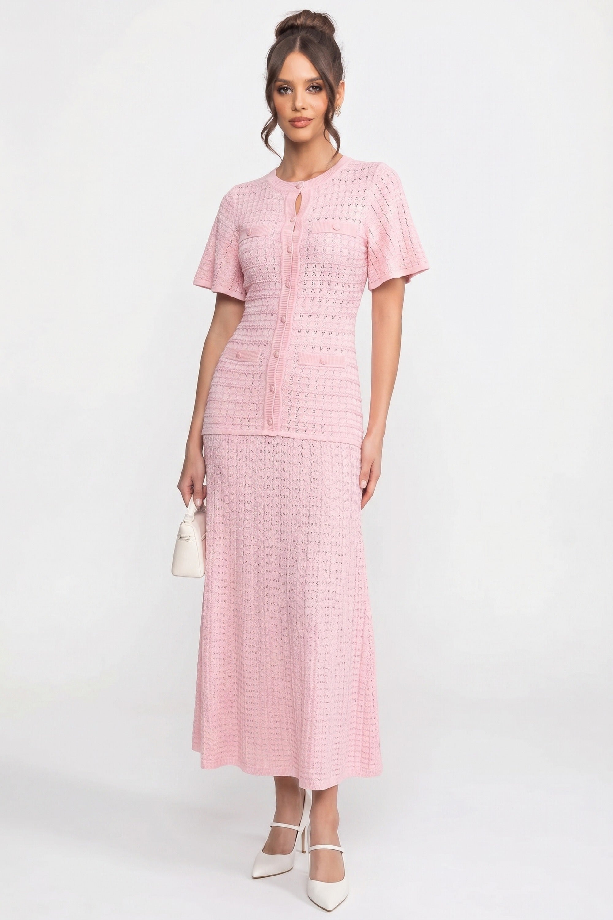 Abito midi a maniche corte con texture in maglia shimmer - Rosa 