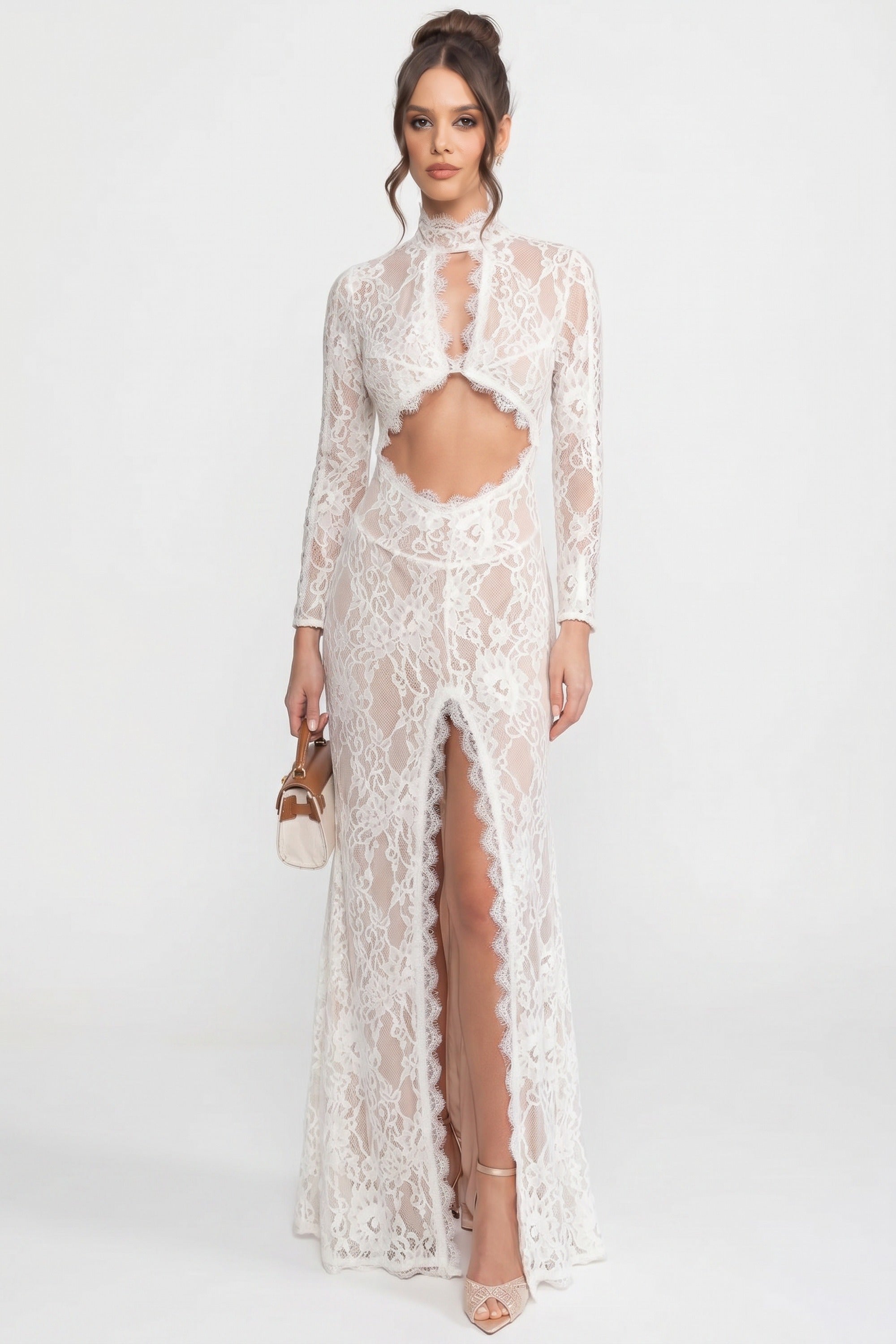 Elegante abito in pizzo con collo alto, cut-out frontale e spacco - bianco 