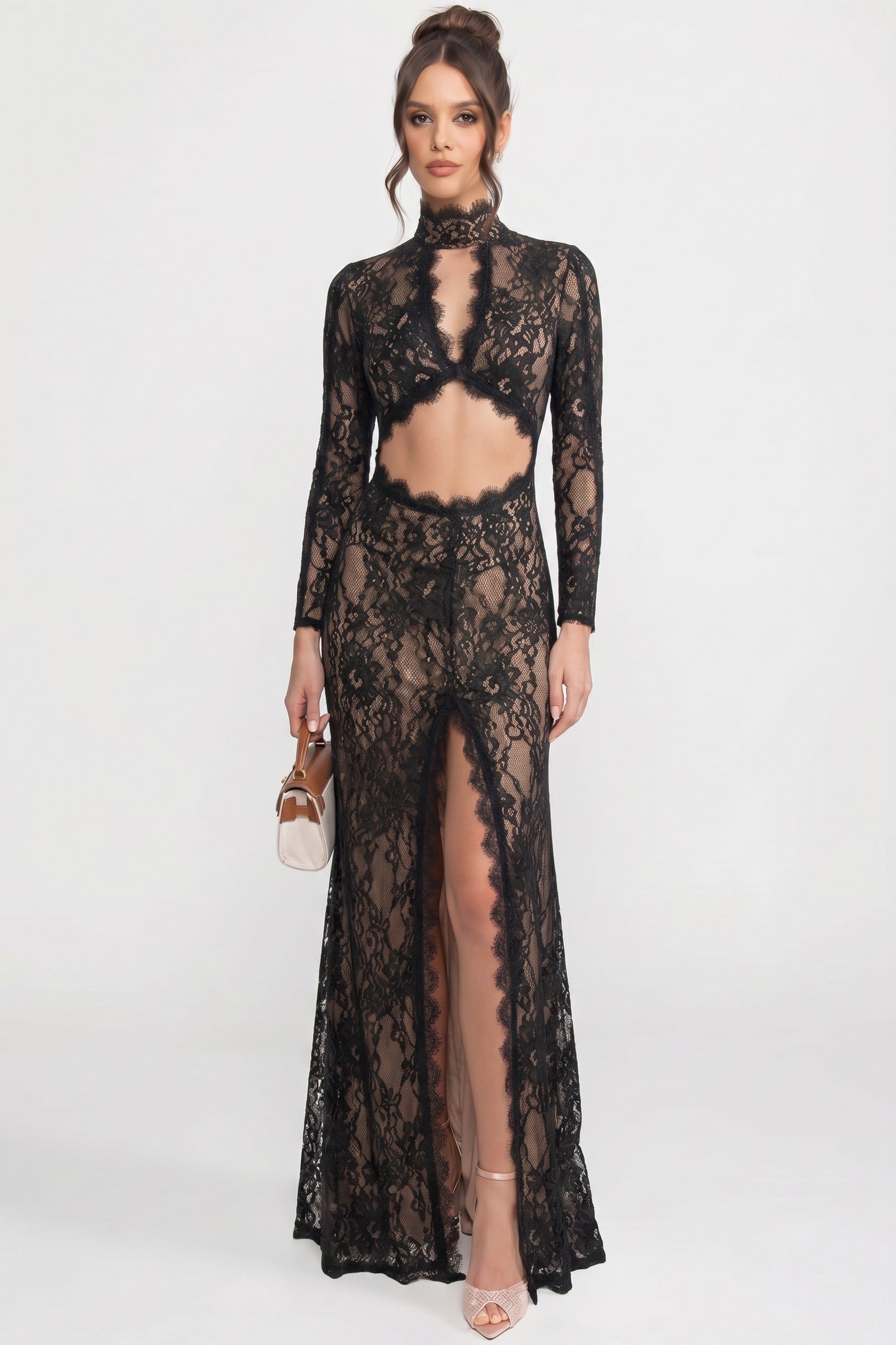 Elegante abito in pizzo con collo alto, cut-out frontale e spacco - Nero 