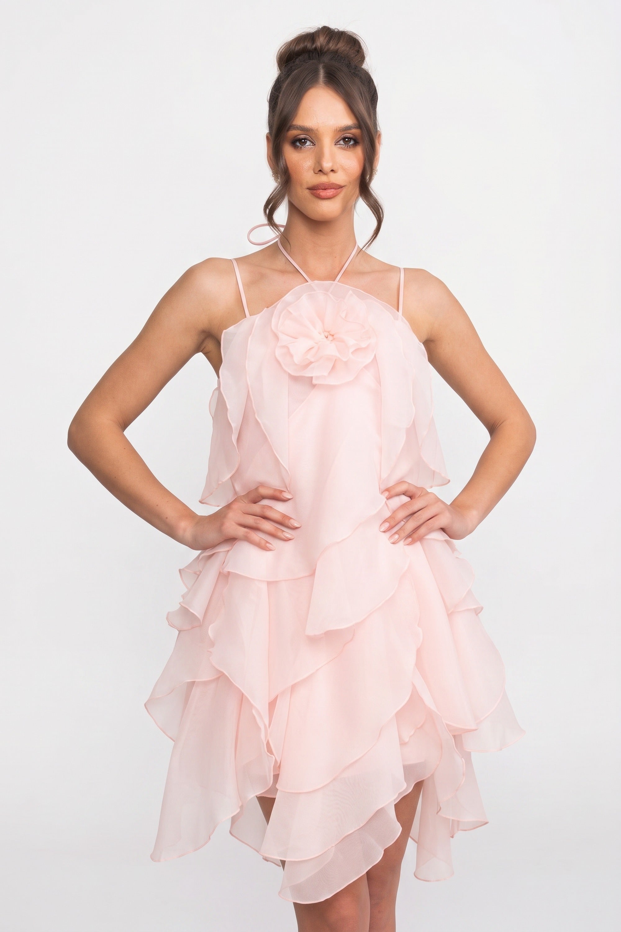 Abito Mini con Volant a Strati e Collo Allacciato con Fiori 3D - Rosa 
