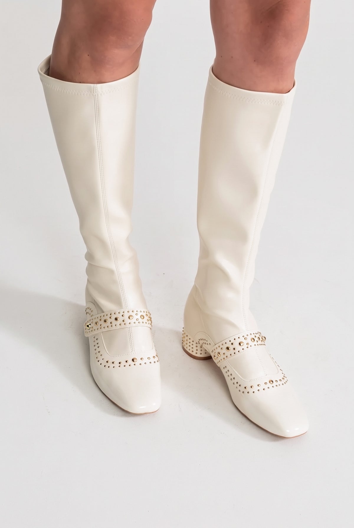 Studded Knee-High Boots With Strap Detail – Ivoire