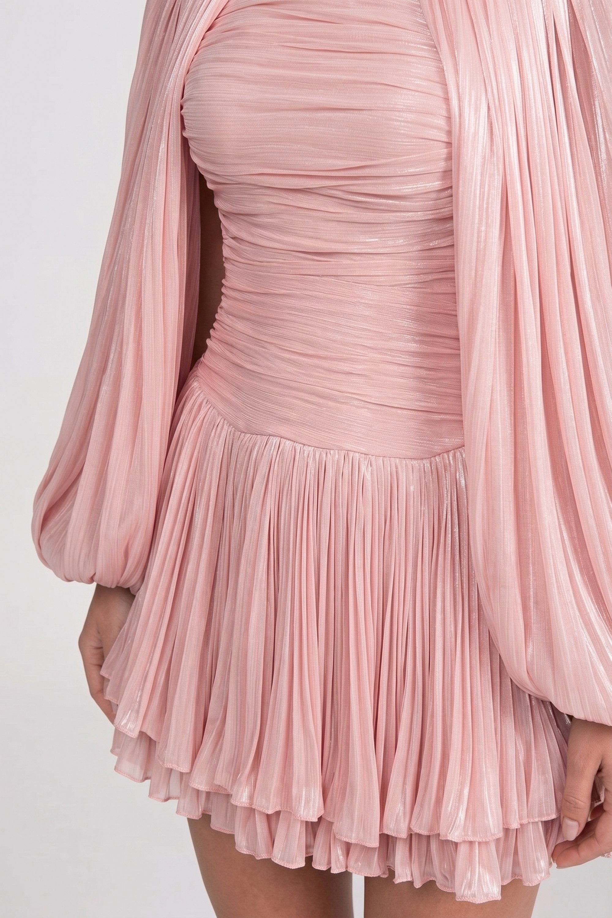 Abito mini con collo alto e maniche a palloncino con gonna plissettata - Rosa 