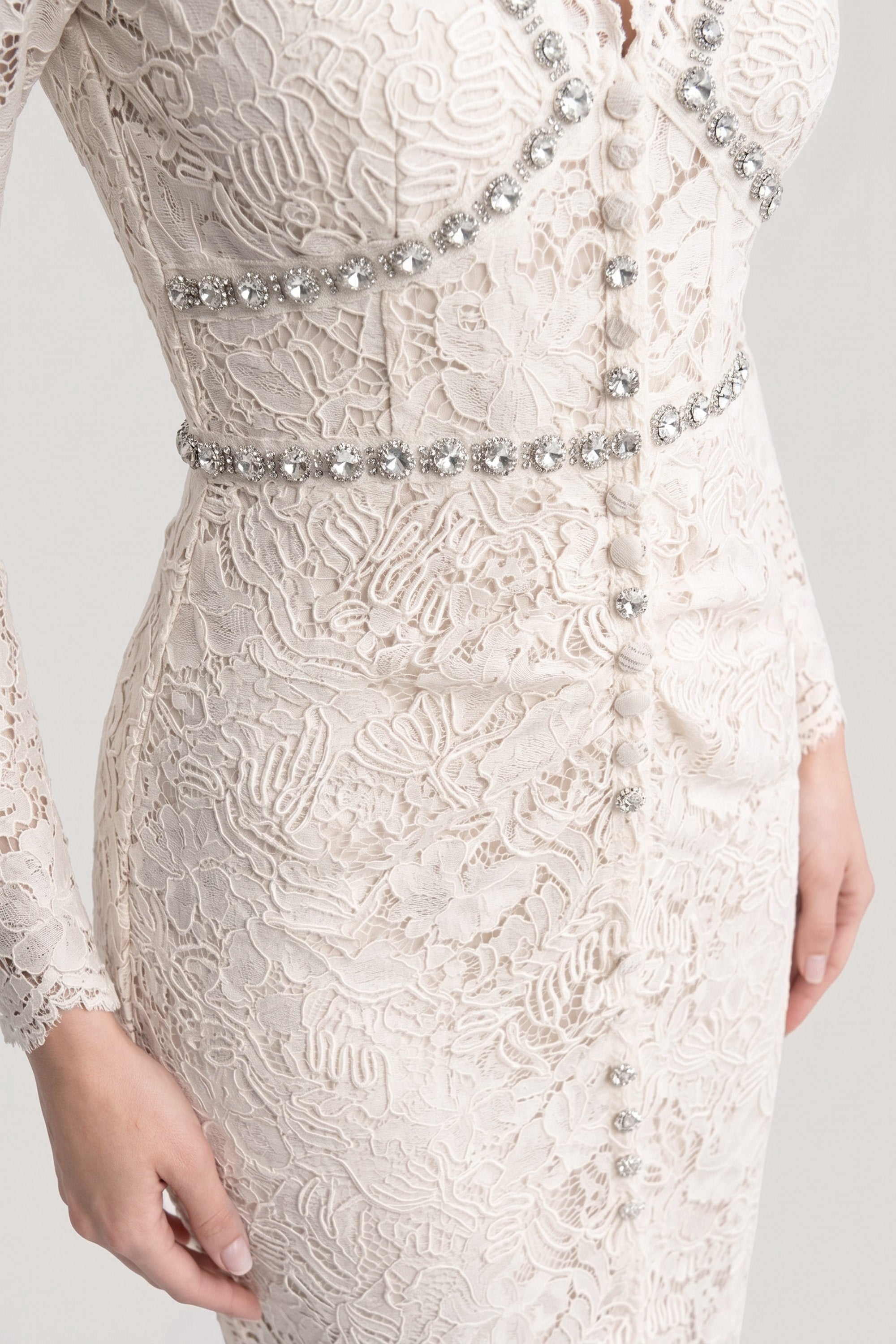 Lace Midi Dress With Crystal V-Neckline And Ruched Front Detail - Ivoire