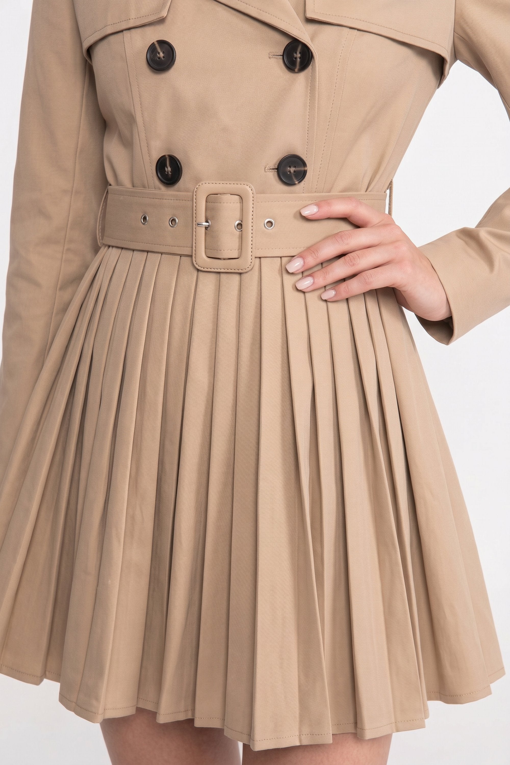 Trench coat doppiopetto con cintura e gonna plissettata - Khaki 