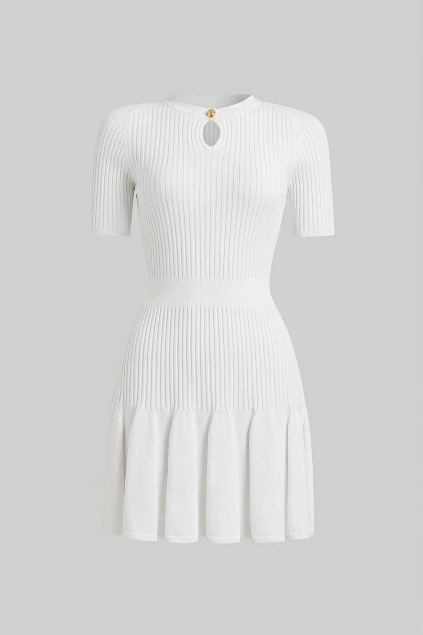 Ribbed Knit Mini Dress With Gold Button Keyhole Neckline - White