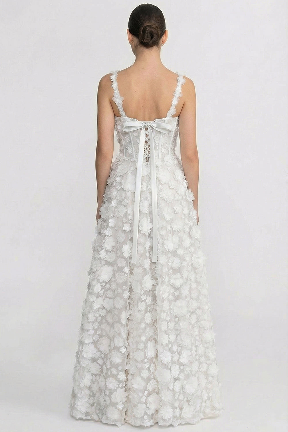 Abito Maxi con Applicazioni Floreali e Corpino Corsetto - Bianco 