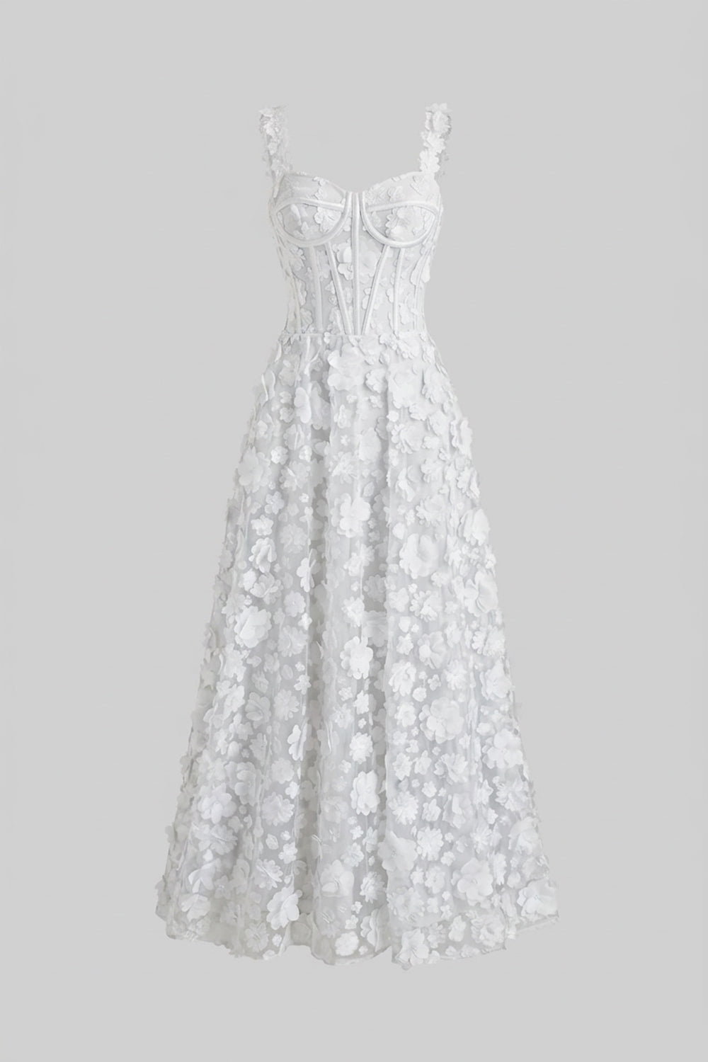 Abito Maxi con Applicazioni Floreali e Corpino Corsetto - Bianco 