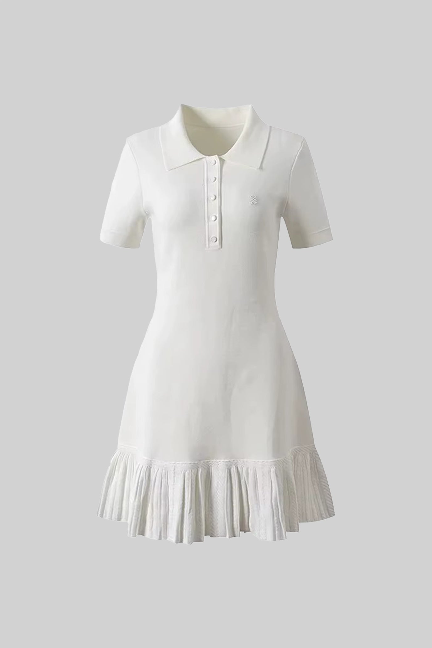 Short Sleeve Polo Mini Dress With Pleated Ruffle Hem - White