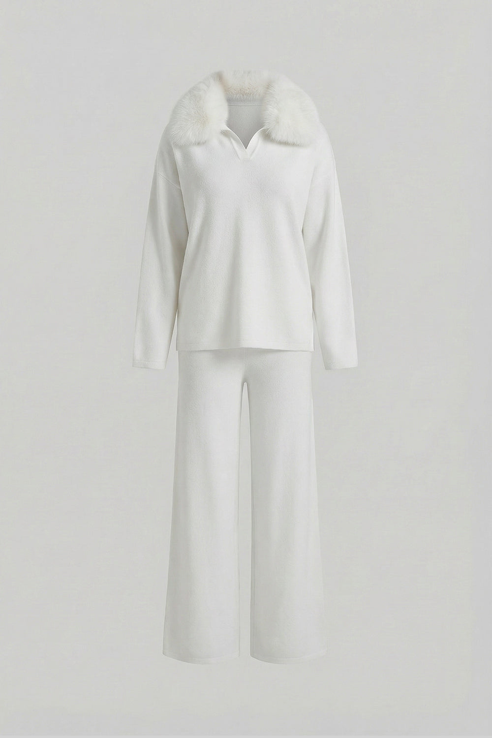 Completo coordinato Knit Lounge con colletto in pelliccia di volpe – Bianco 
