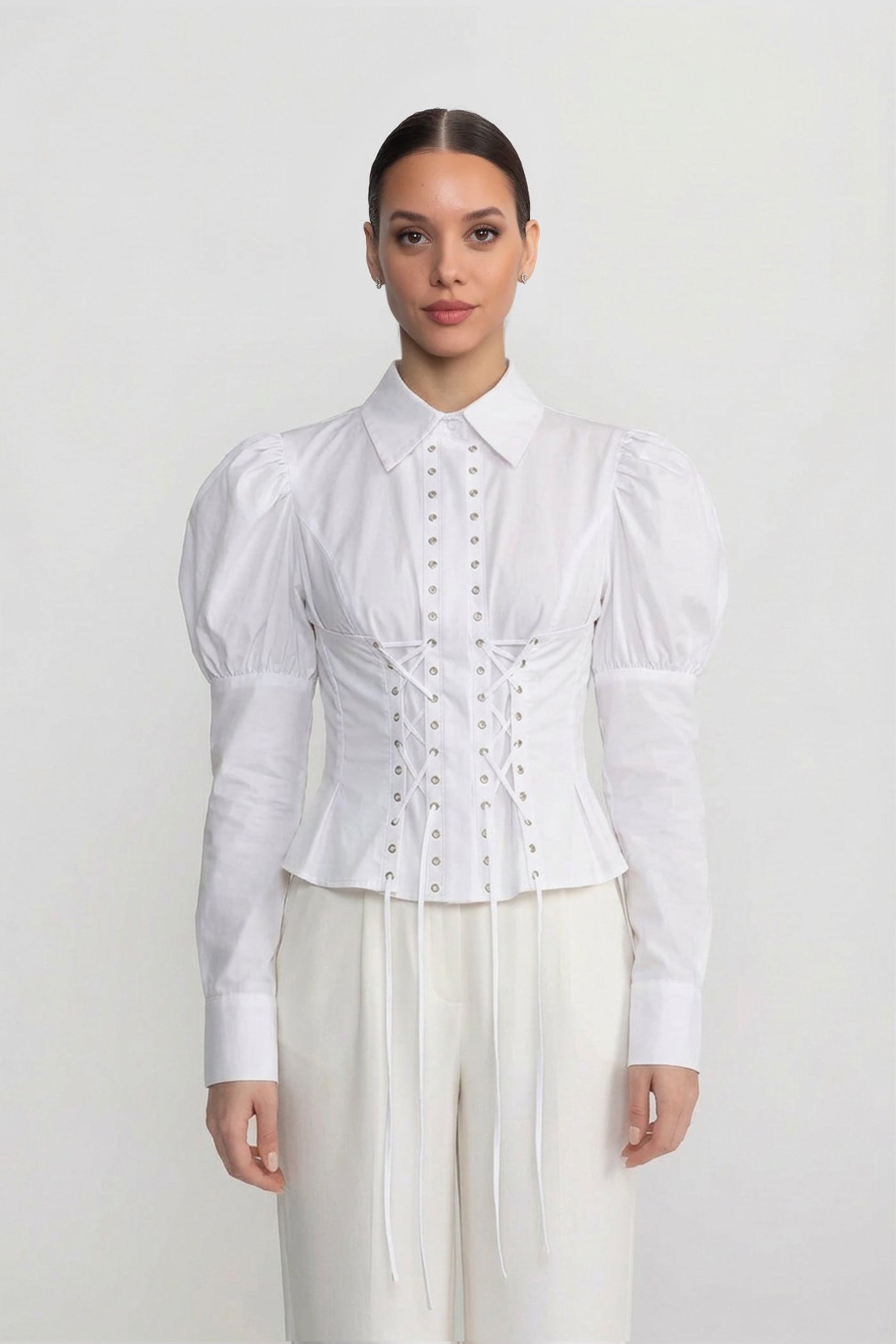 Camicia a Maniche Lunghe con Dettaglio Corsetto allacciato - Bianco 