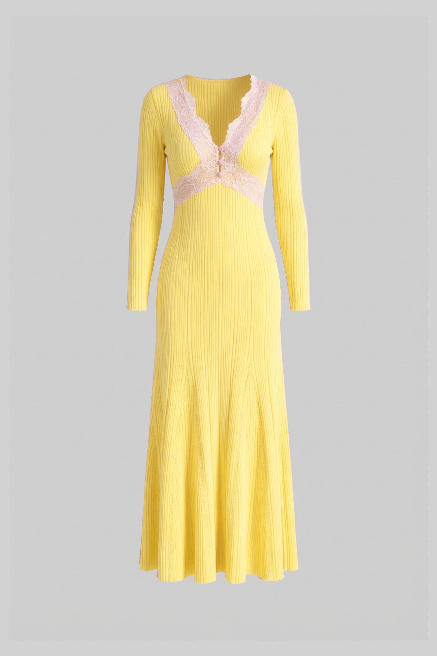 Ribbed Long Sleeve Midi Dress With Lace-Trim V-Neckline - Yellow